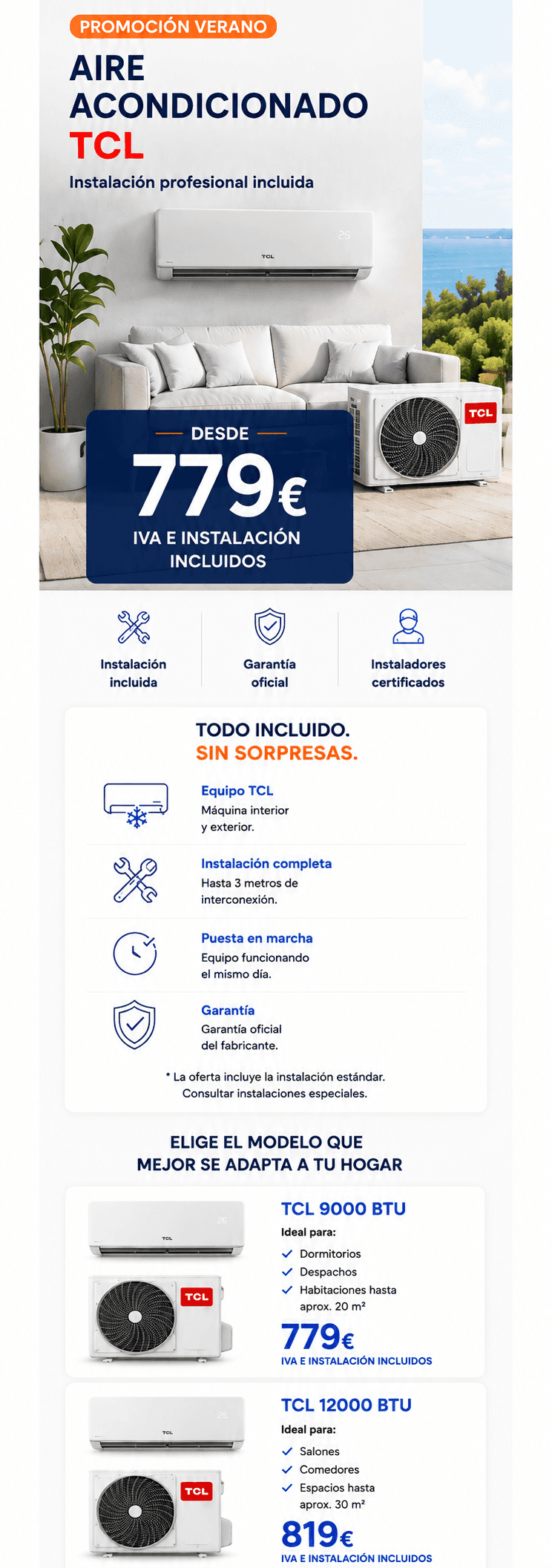 Oferta verano TCL: aire acondicionado desde 779 euros con instalación incluida