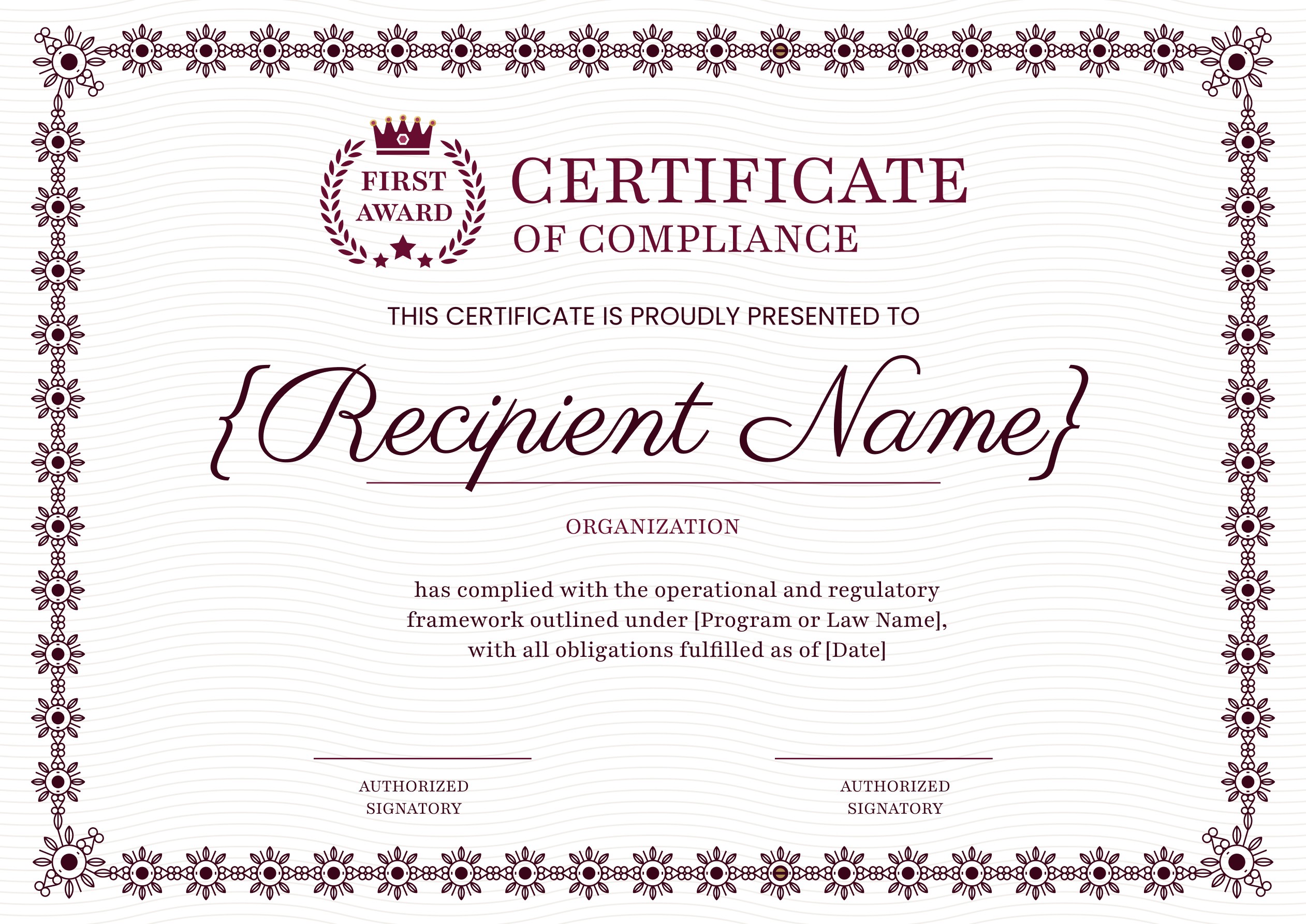 Wauld - Elegant certificate of compliance with floral touch