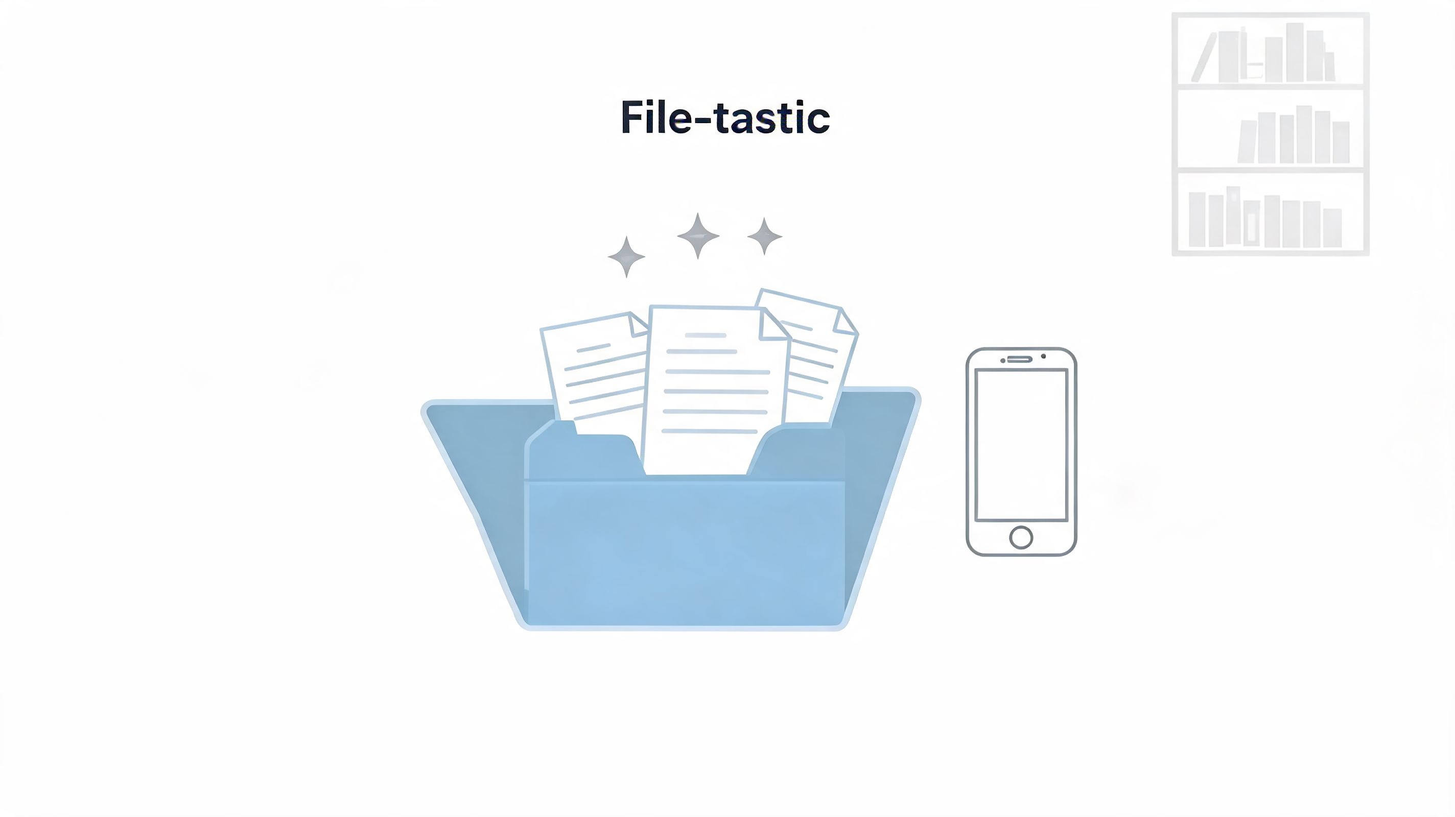 A light blue folder containing documents with a mobile phone next to it on a white background.