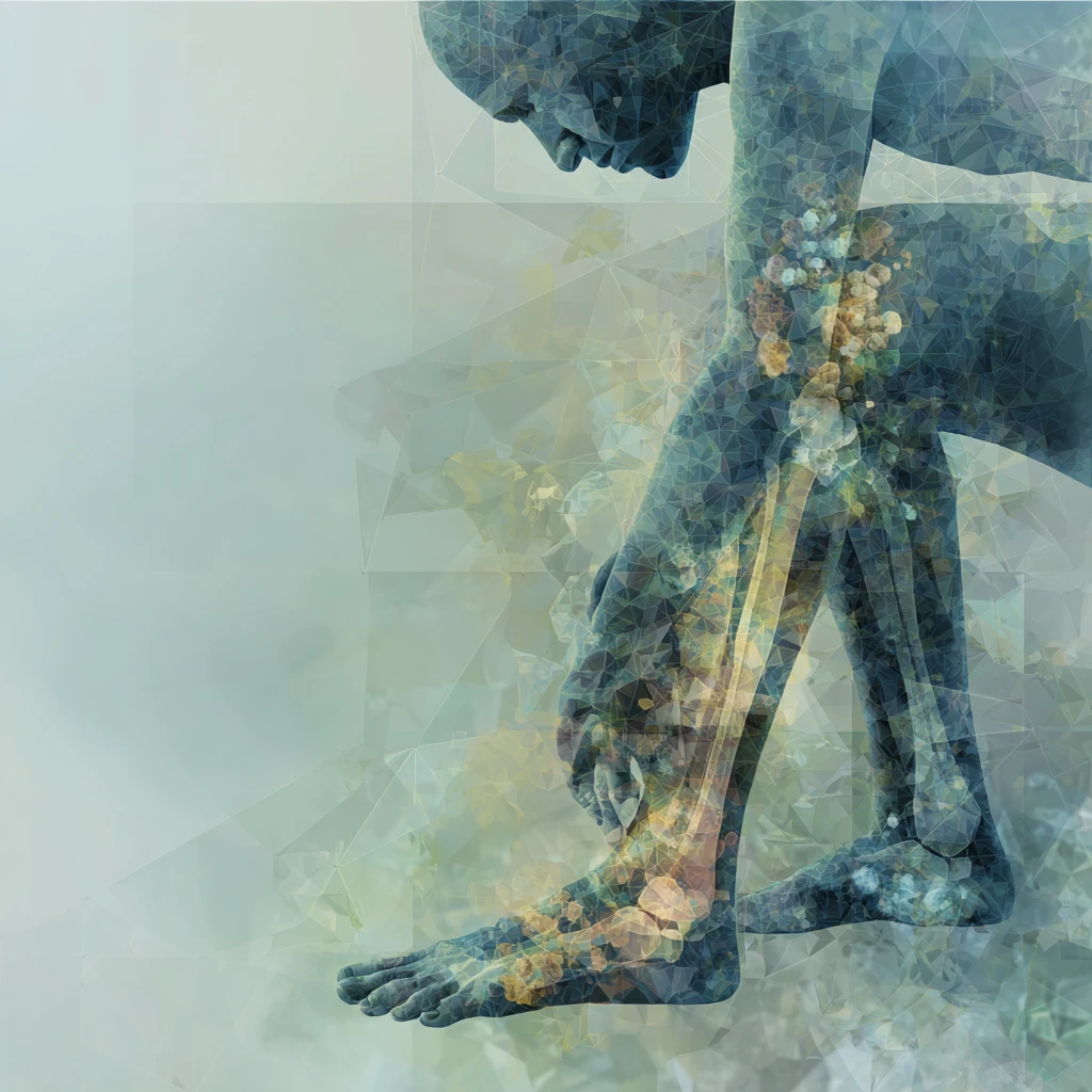 Anonymous figure with subtle crystal deposits shown in the joints and great toe, representing gout