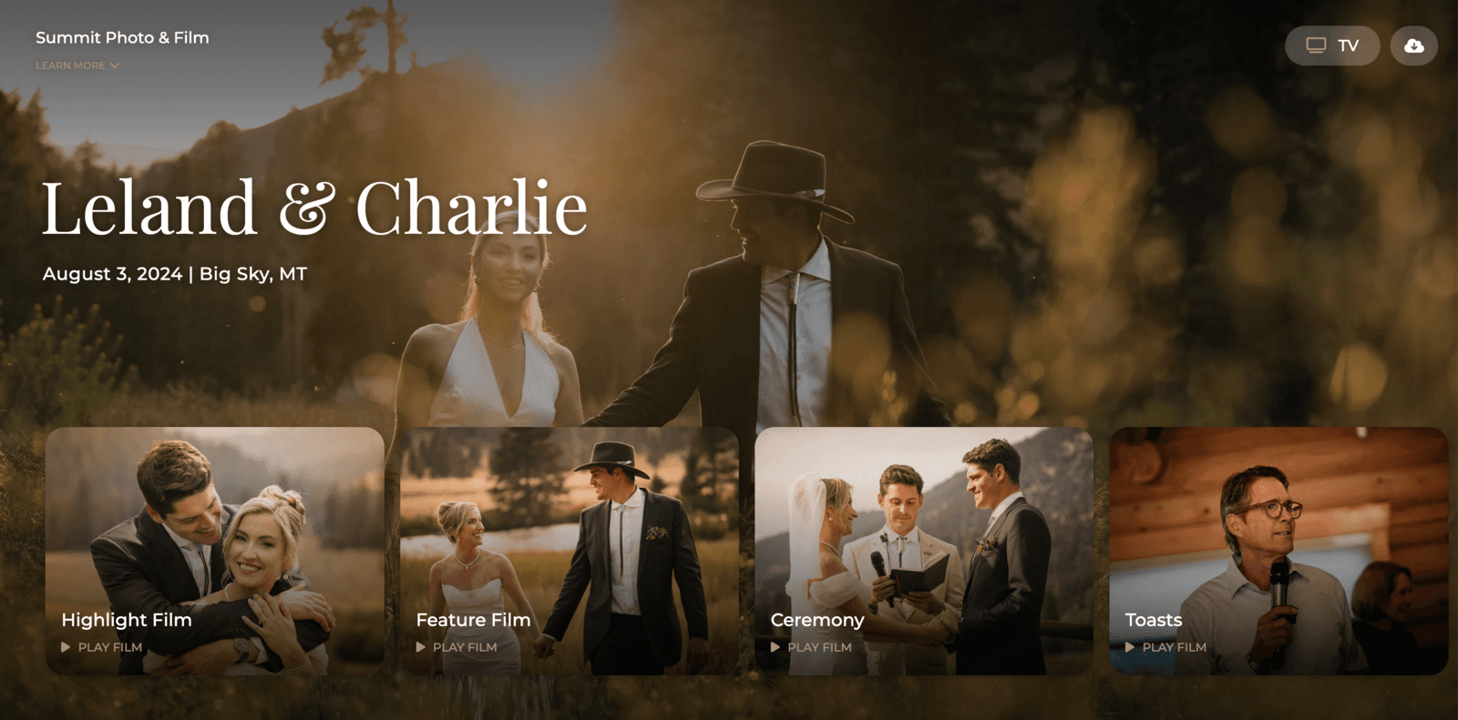 Netflix-style wedding film gallery preview