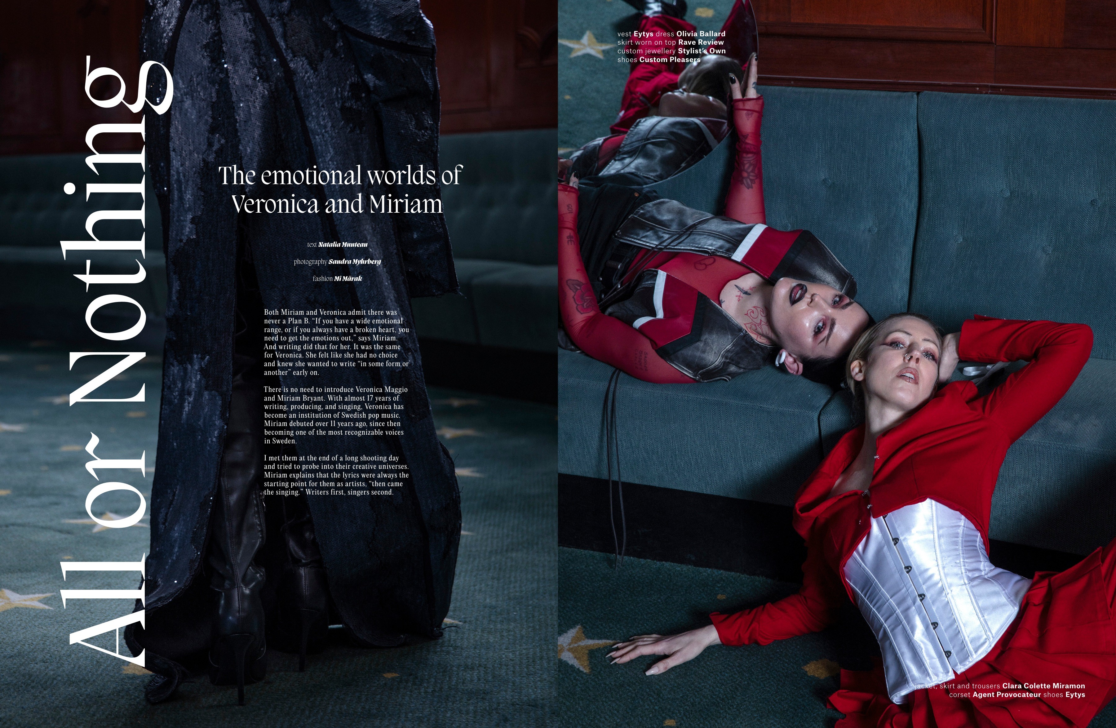 An interview opener with vertical serif lettering and a full-page portrait of Veronica Maggio and Miriam Bryant.