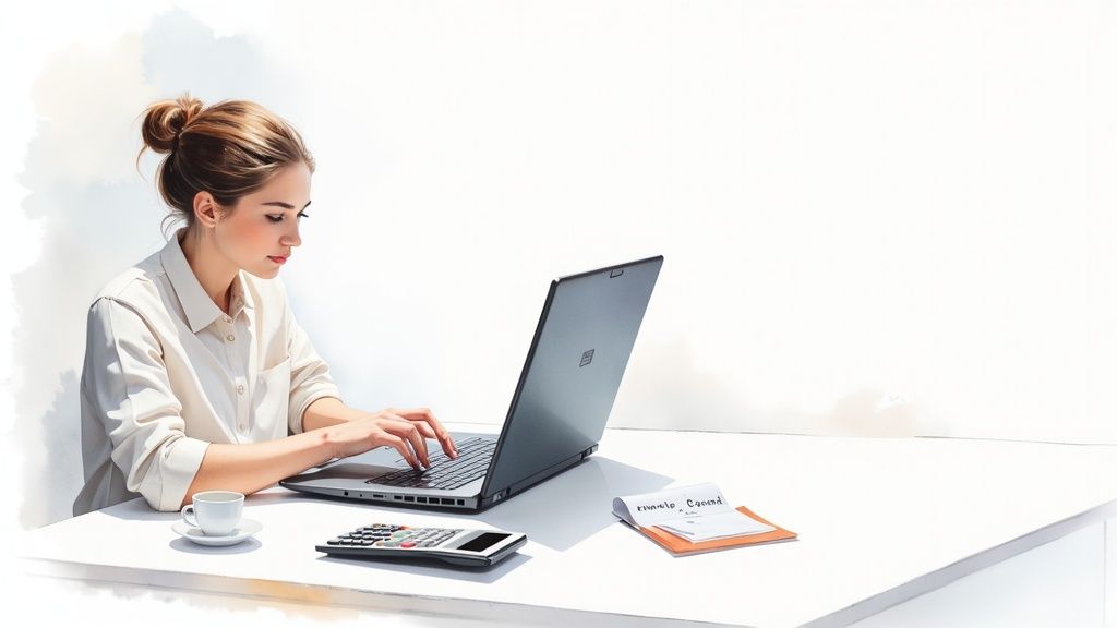 A focused woman with her hair in a bun works on a laptop at a bright white desk.
