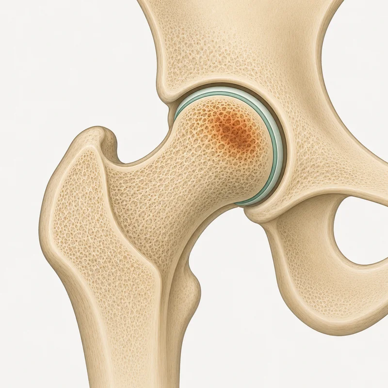 Femoral head still round but with a zone of weakening bone inside - disease advancing while the ball's shape is still intact.
