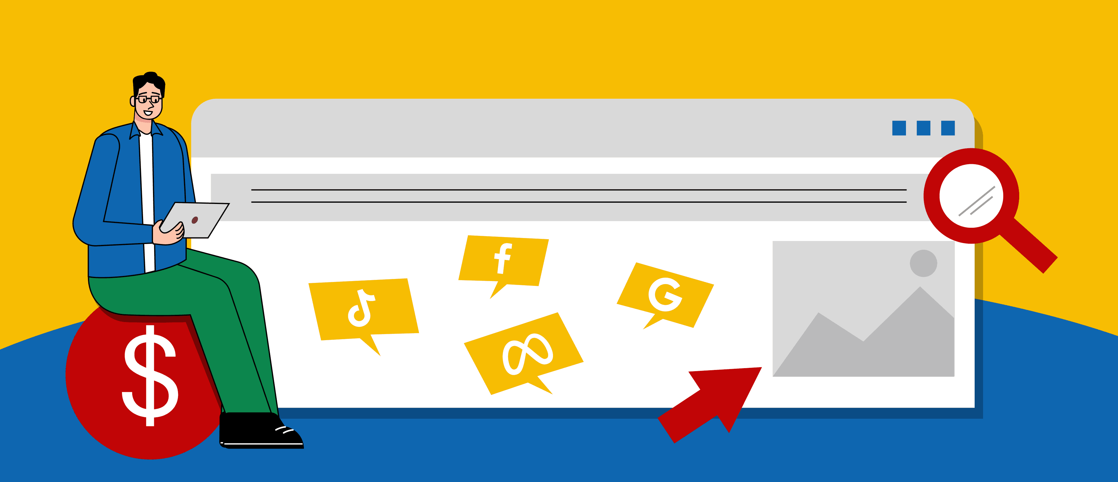 Illustration representing a paid advertising service page, showing Google Ads and Meta Ads campaign management and performance tracking.