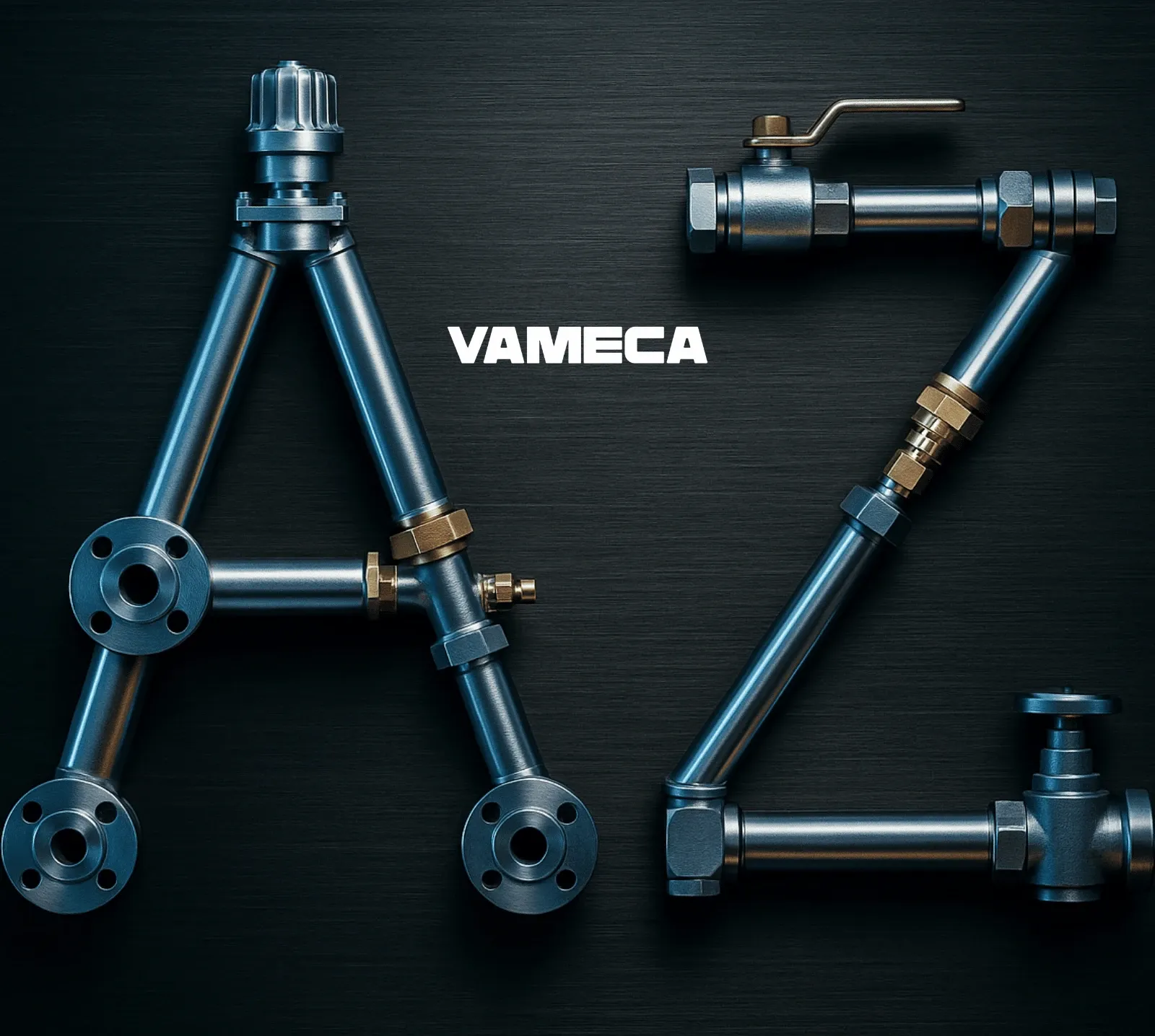 Vannes, raccords et actionneurs industriels en acier inox et laiton formant les lettres A à Z — lexique de la robinetterie industrielle par VAMECA