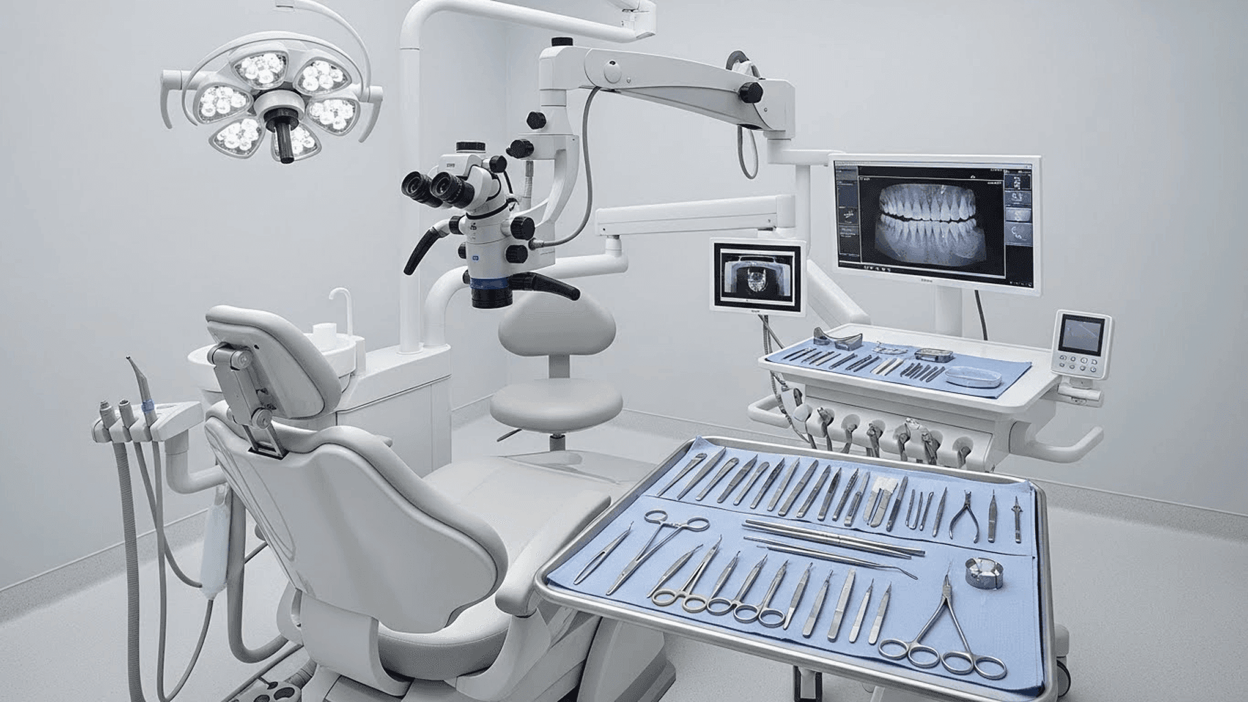 Modern dental operatory with surgical microscope, dental chair, overhead lights, instrument tray, and a monitor displaying a panoramic dental X-ray.