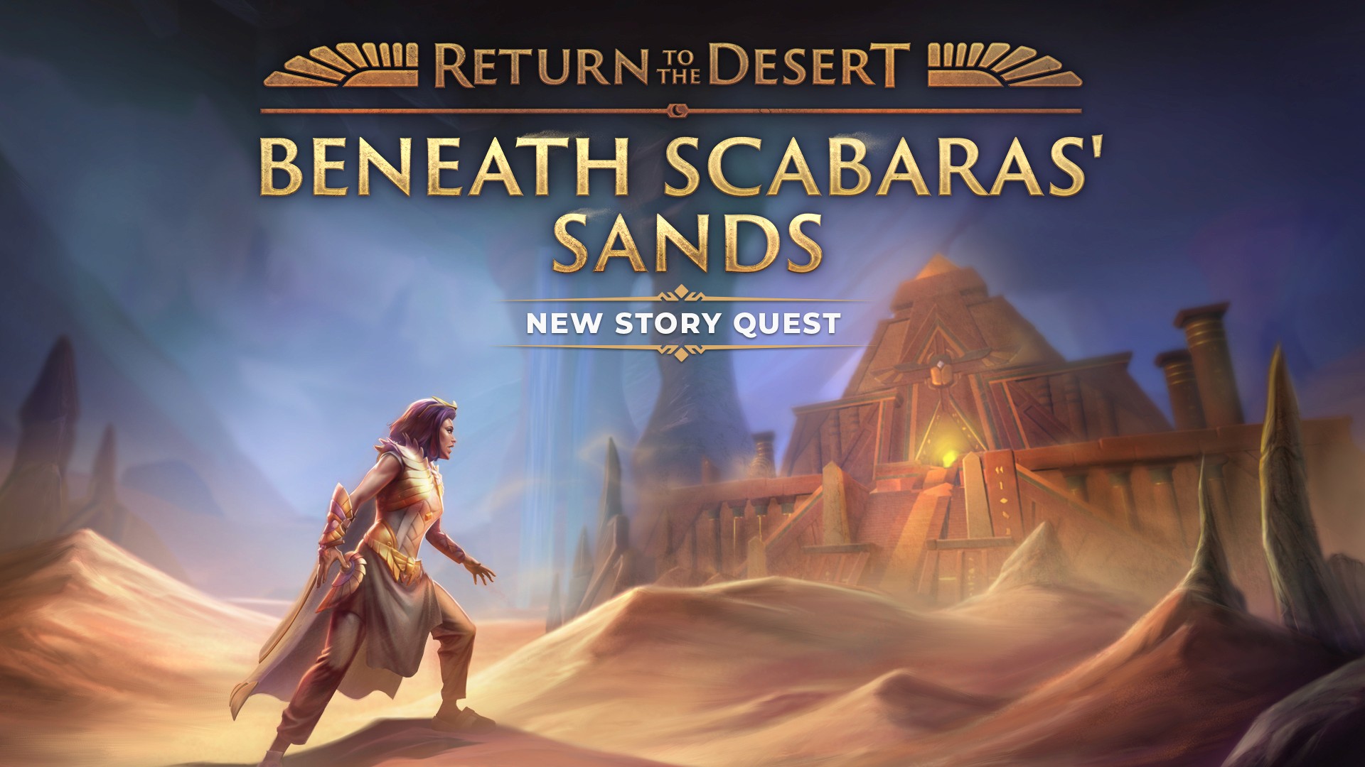 A character in the desert and the logo of Beneath Scabara's Sands quest