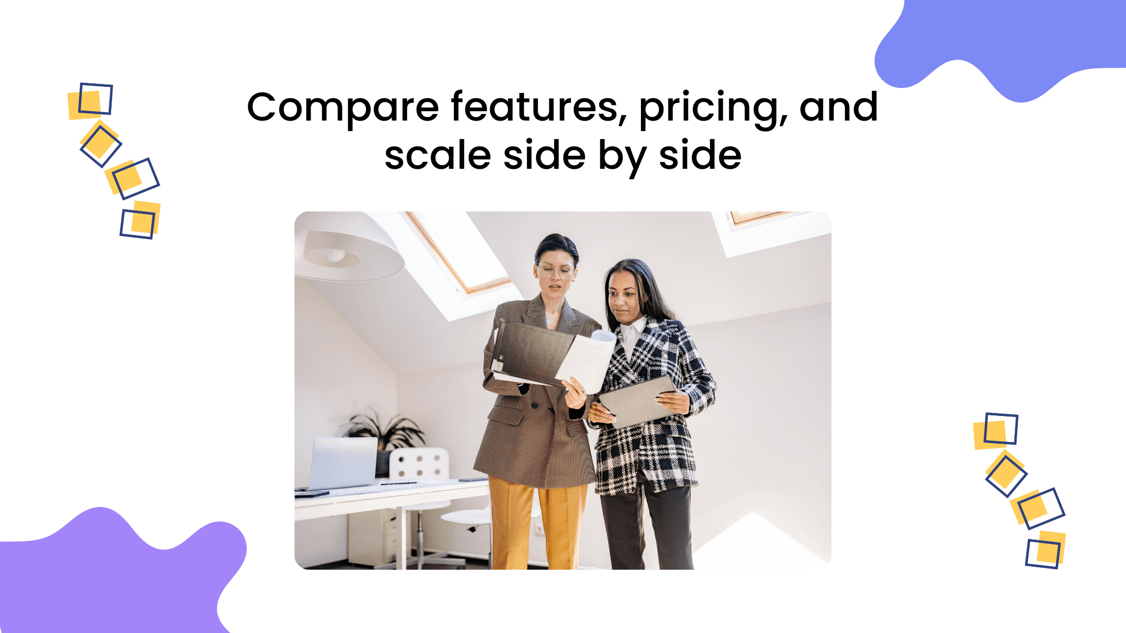Two professionals reviewing documents while comparing coaching platform features, pricing, and scalability options