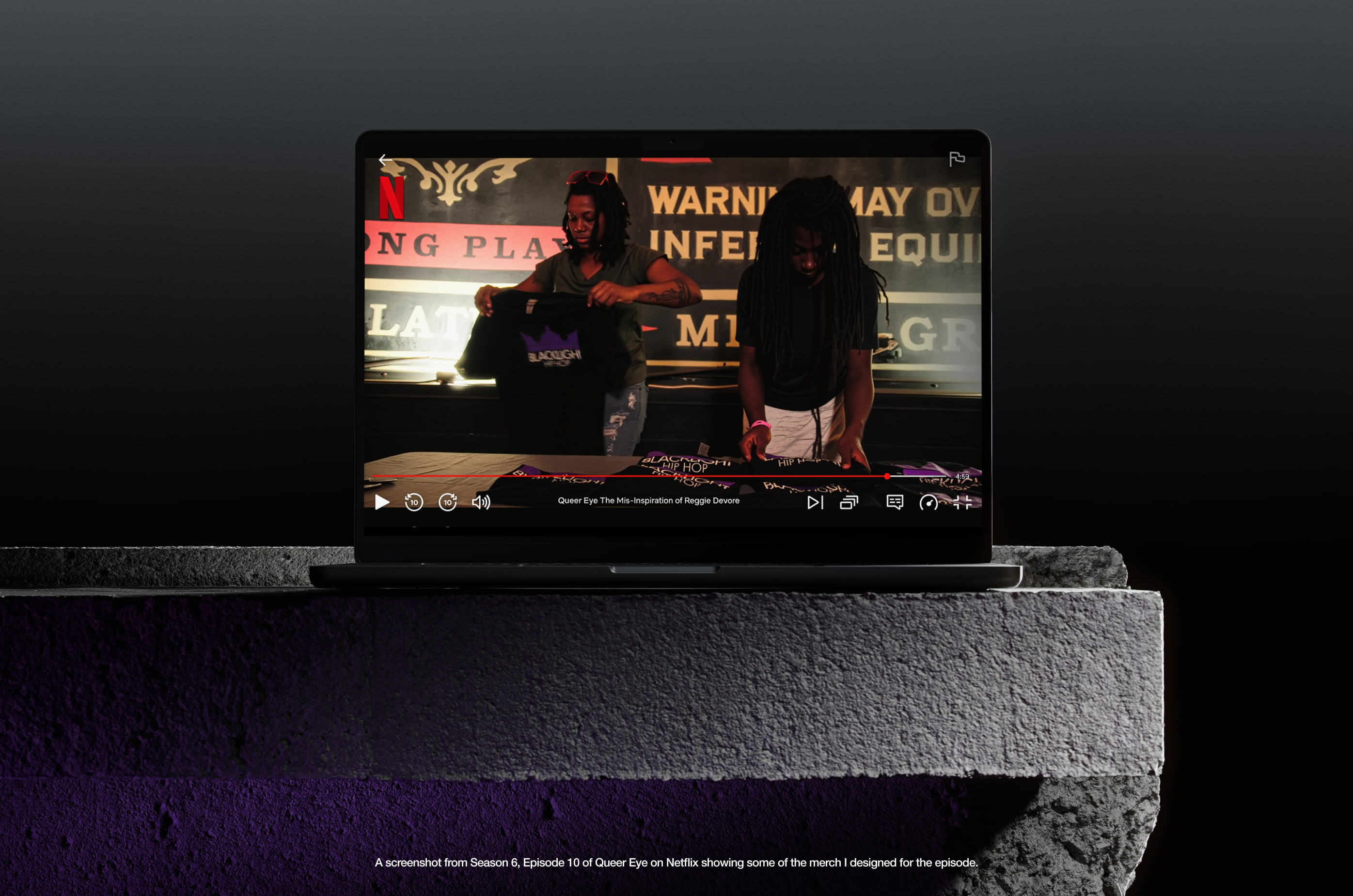 BlackLight Hip Hop — Laptop mockup showing merchandise featured in Netflix Queer Eye episode — Brand in broadcast