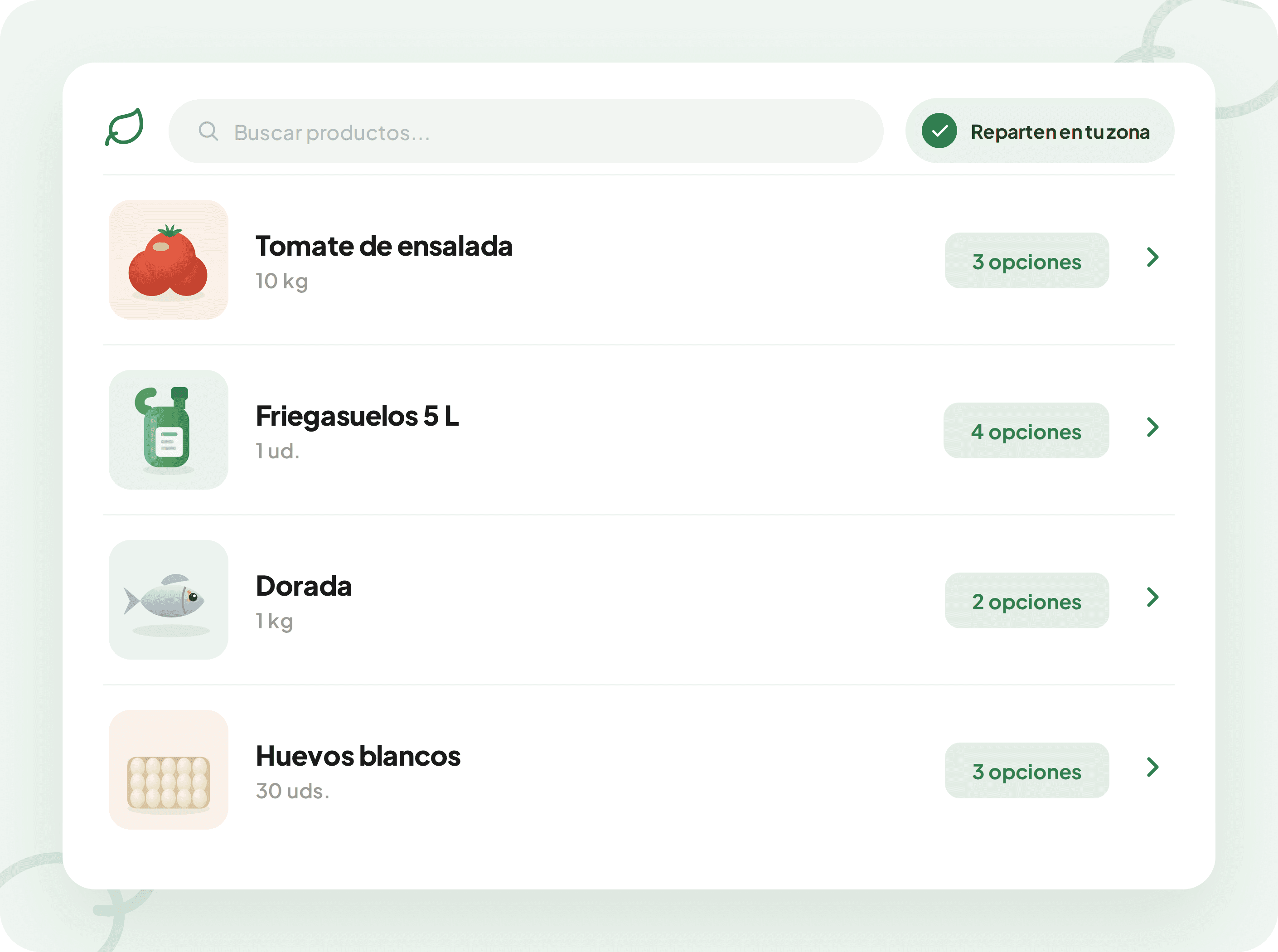 Buscador de FABi con las opciones disponibles para cada producto