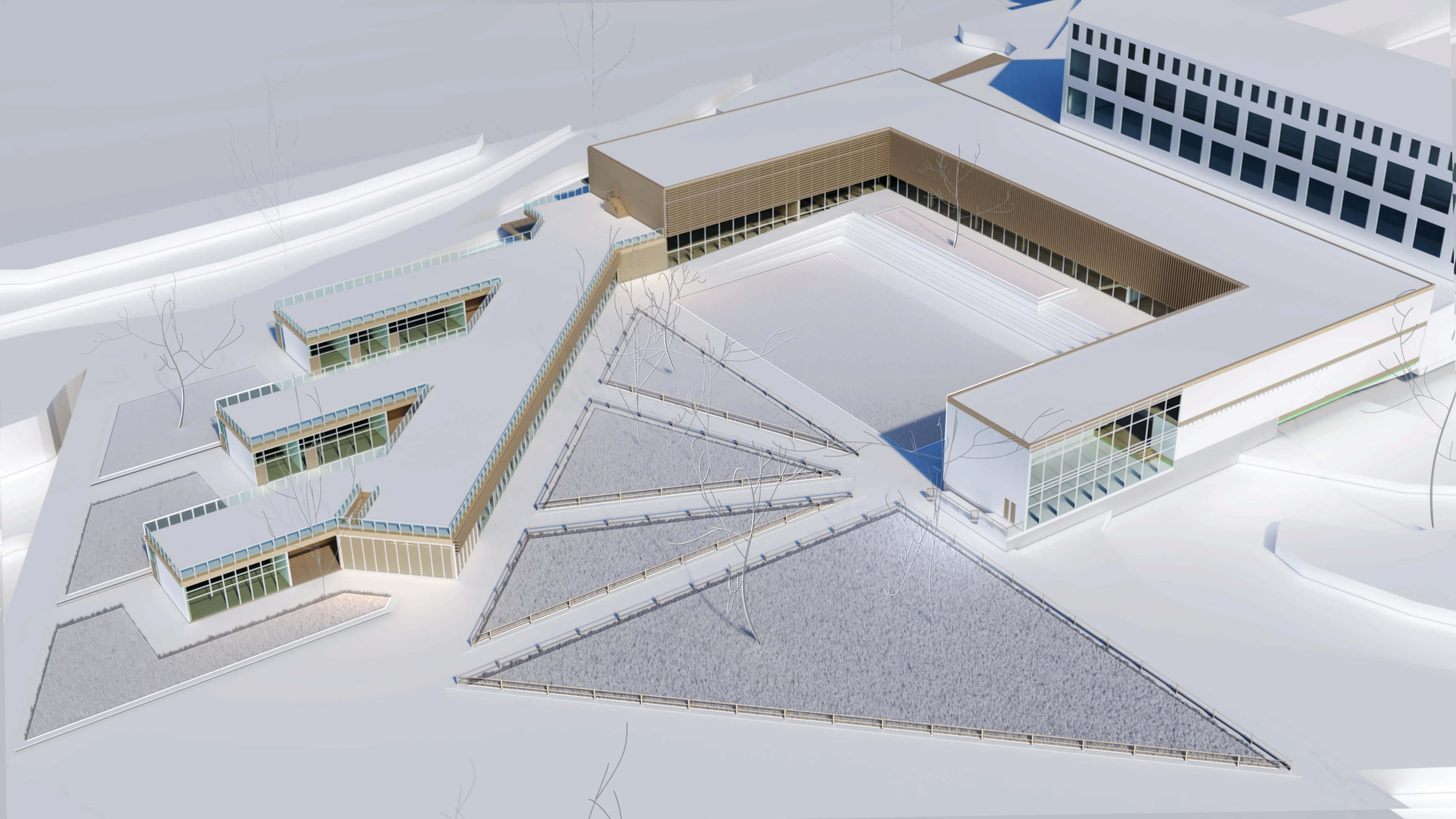 An image from above of an architecture model conformed in white plastics and wood