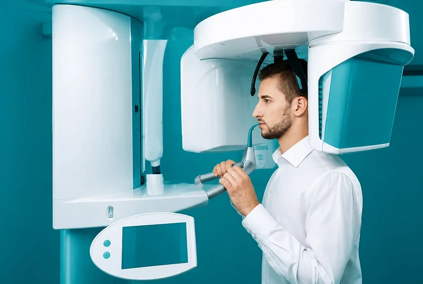 Man undergoing digital dental X-ray scan with panoramic radiography machine.