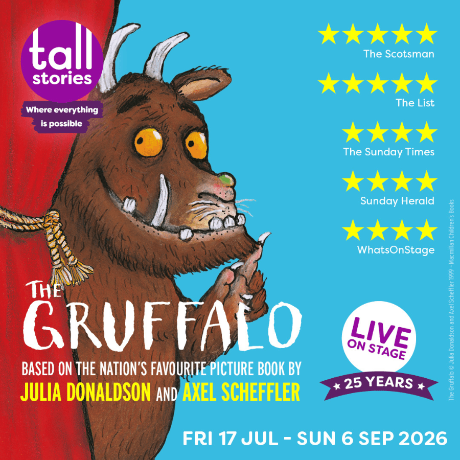 Gruffalo character peeking from red curtain, promoting West End show.