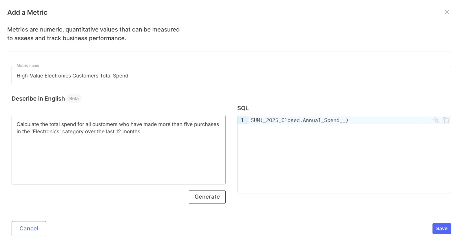 Metrics and Derived Column in WisdomAI