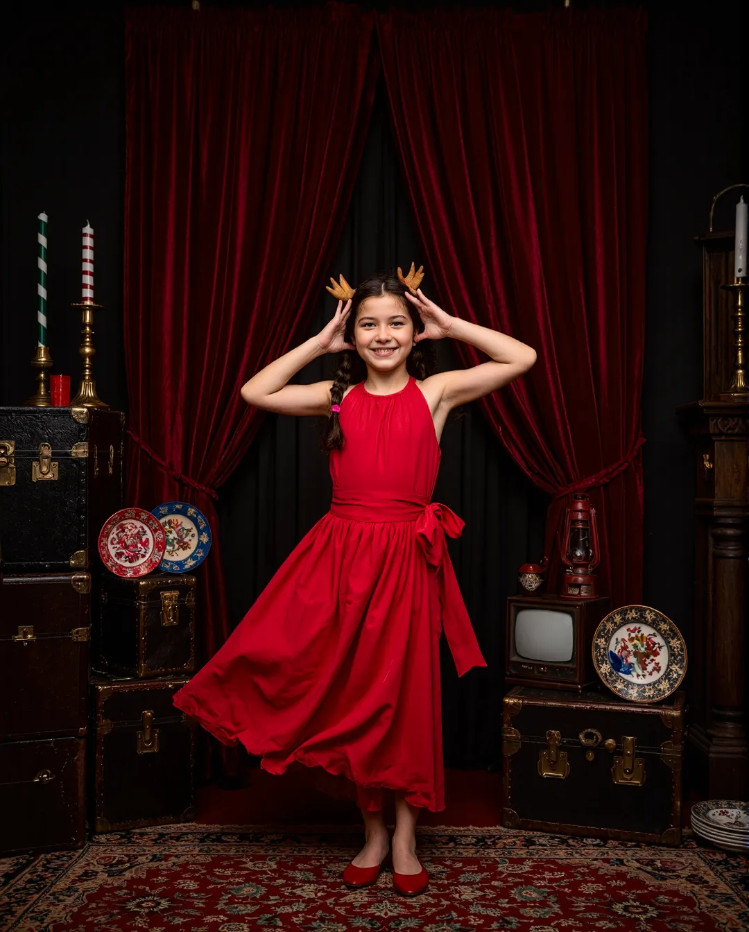 Young girl in flowing red dress with reindeer antlers posing before red velvet curtains in vintage Christmas setting