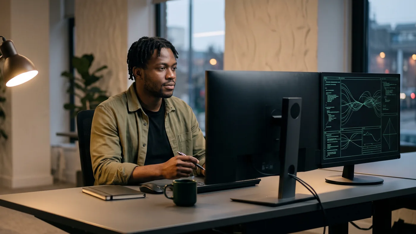 A developer at a monitor at dusk with the city behind him