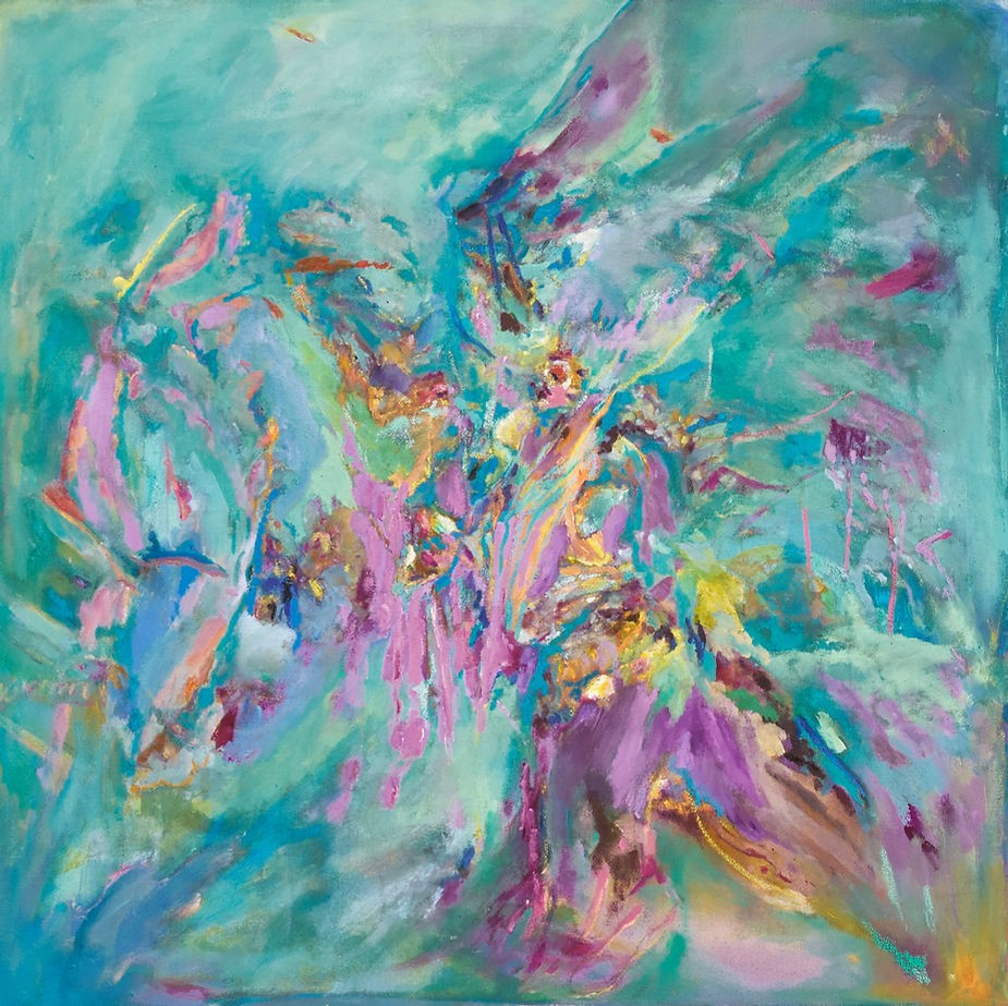 Freya Tewelde, A River Inside the Blue, 2025, Powder pigments, oil sticks, and acrylic paint on canvas, 106 x 103 cm.
Courtesy of the Artist and Gallery 1957.