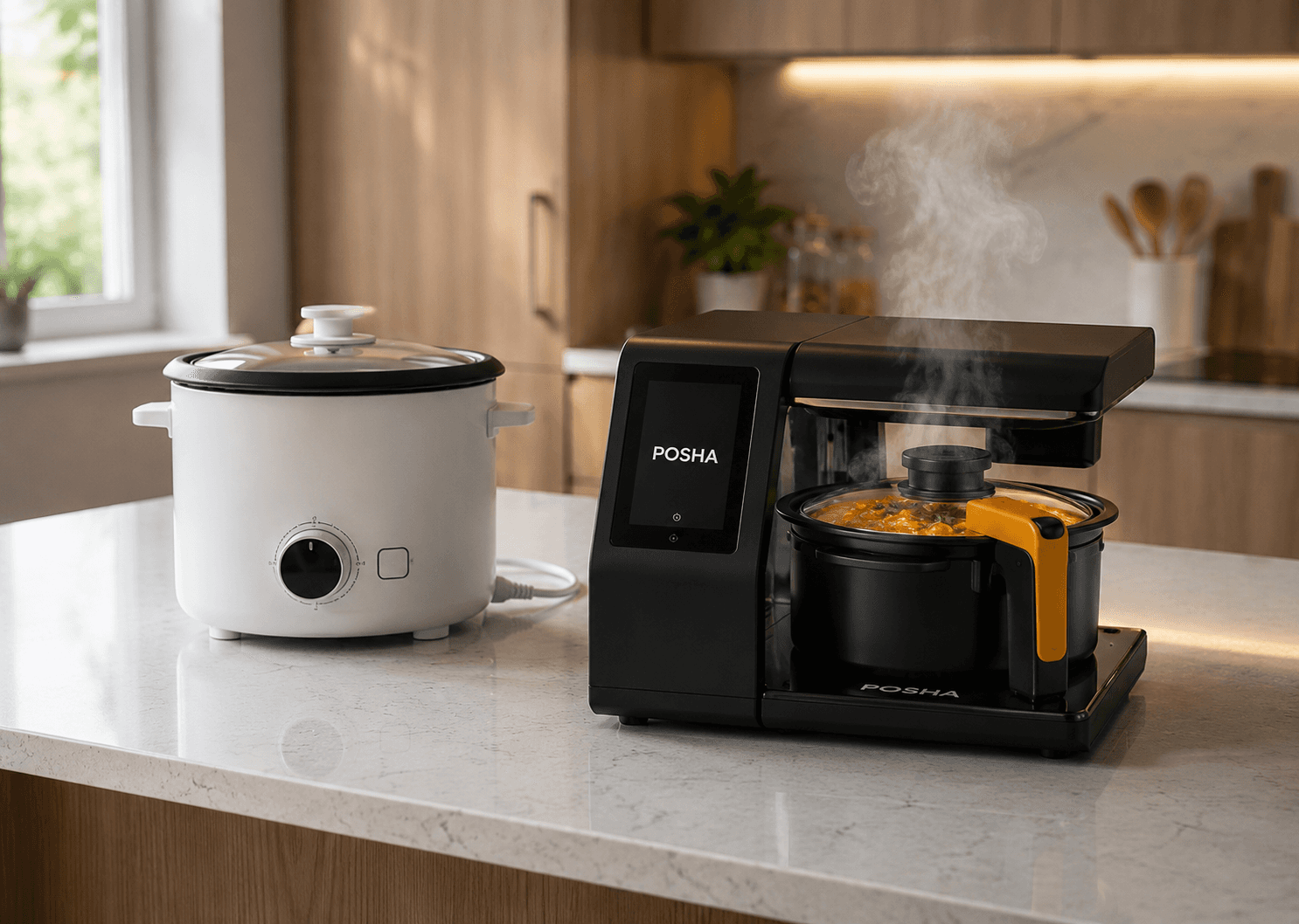 automatic cooking machine with touchscreen compared to basic rice cooker on counter