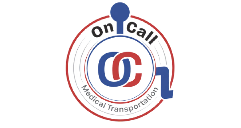 On Call Medical Transportation logo, circular red and blue emblem with OC letters, medical stethoscope motif, Fresno California non emergency medical transportation provider