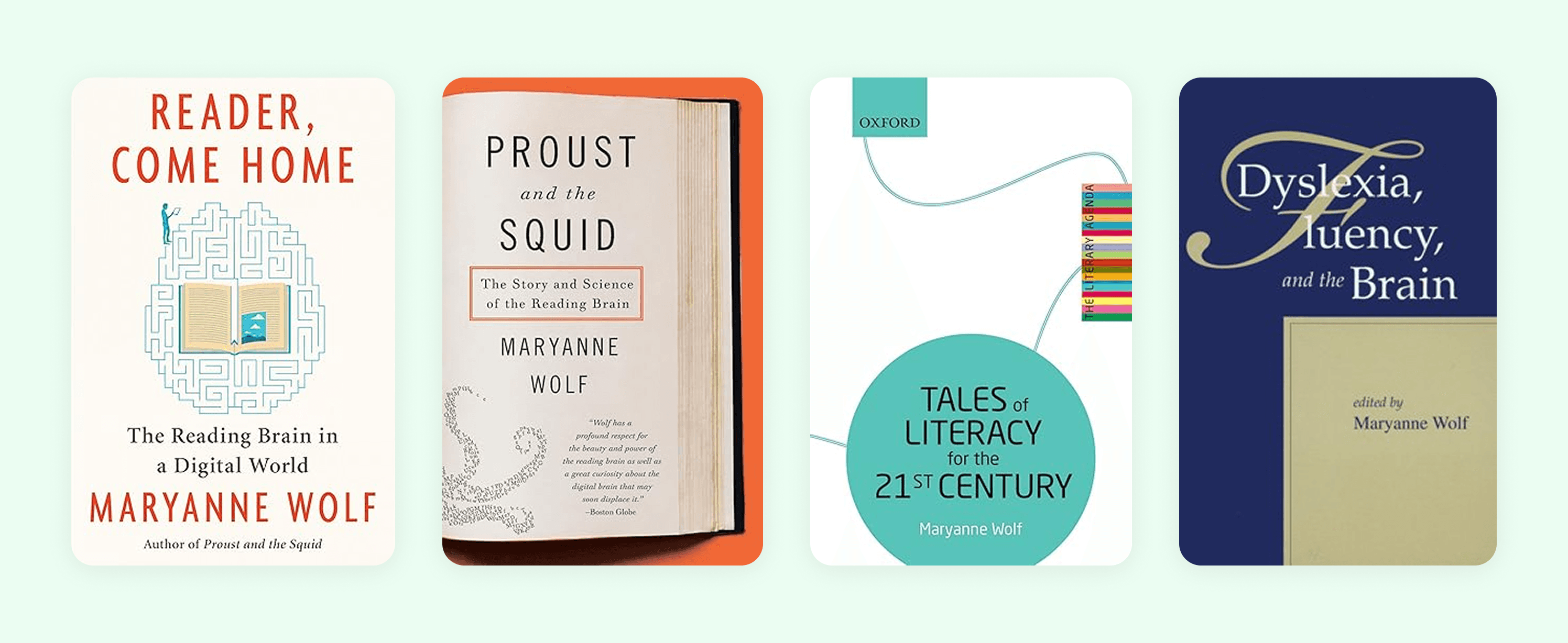 Collection of Dr. Maryanne Wolf's books on reading comprehension and literacy science