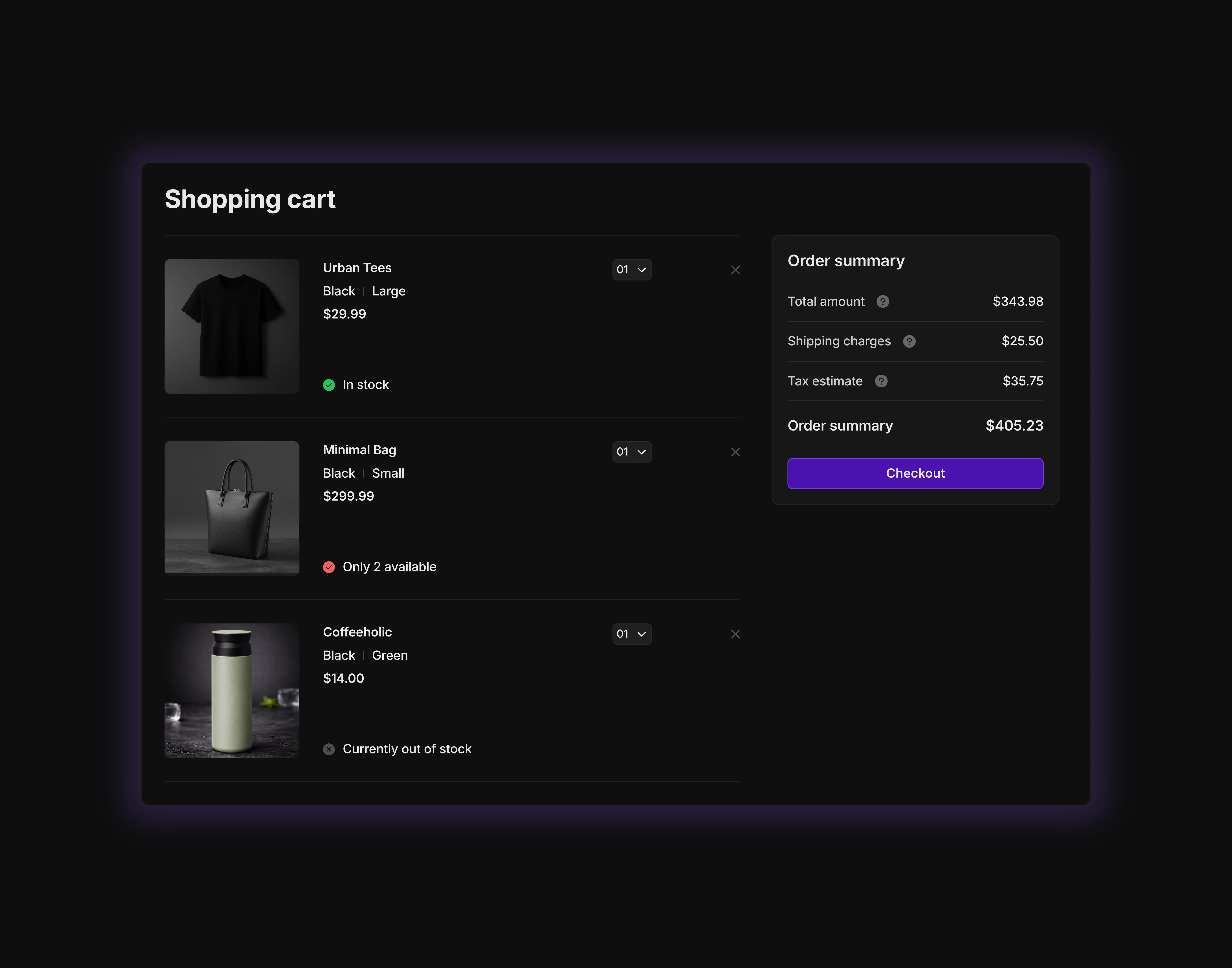 Dark themed shopping cart with two colomn for desktop devices.
