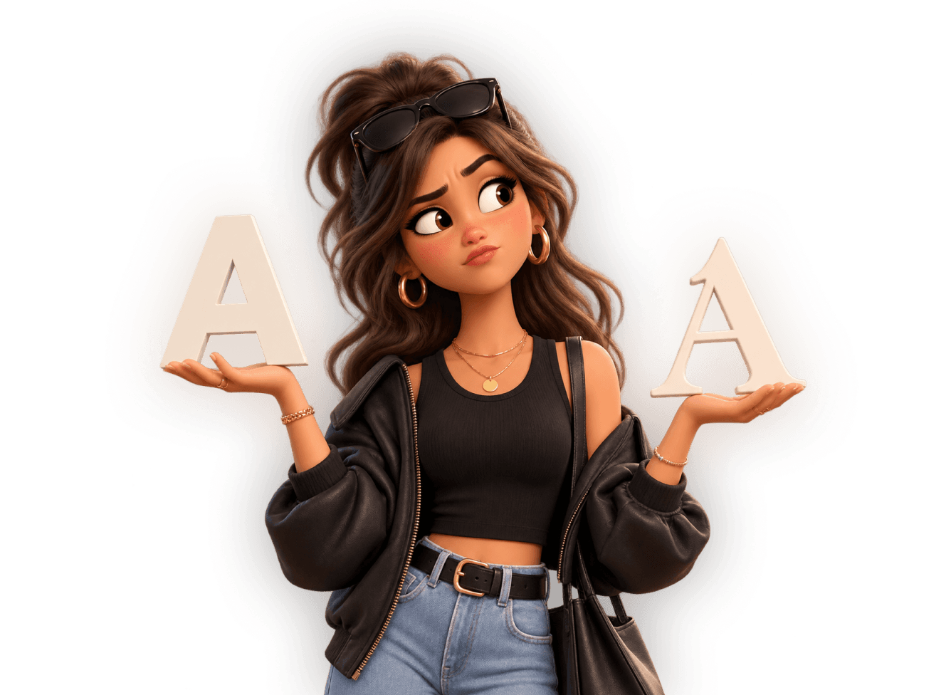Stylized woman holding two different letter “A” designs while comparing them.