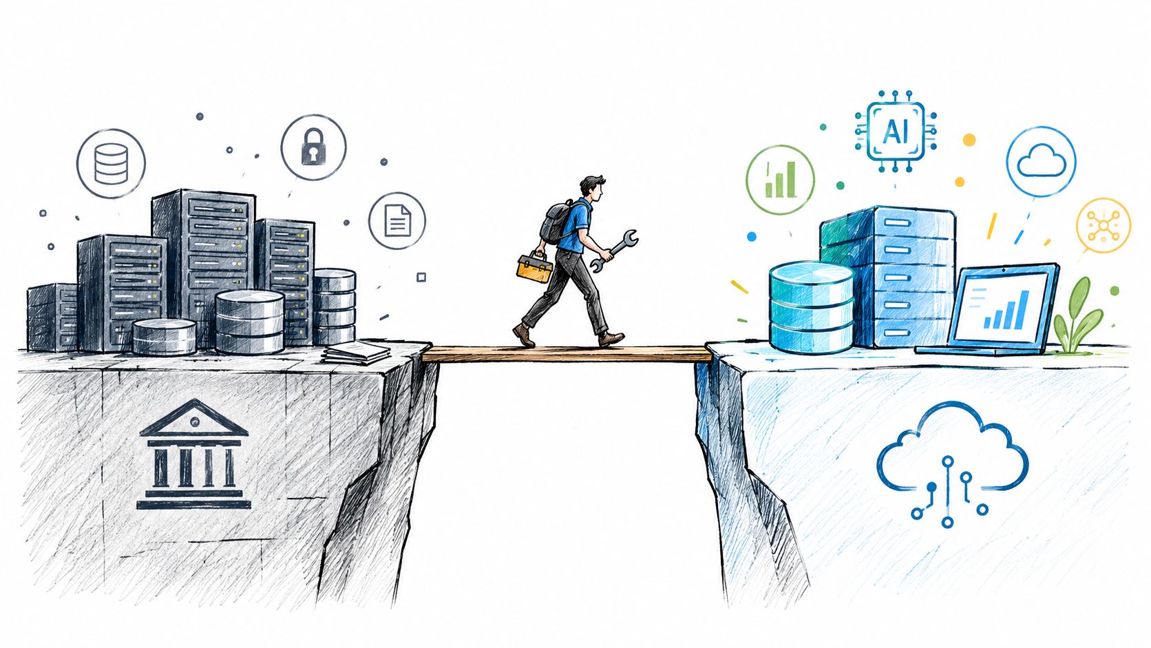 A technician walks across a bridge from a traditional bank server room toward modern cloud infrastructure.
