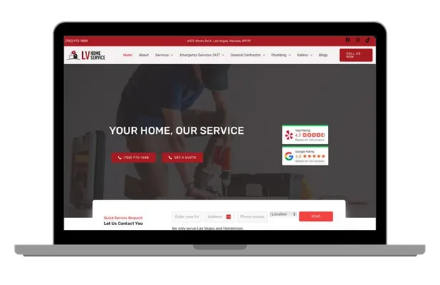 LV Home Service website on a laptop screen showing Las Vegas home repair services.