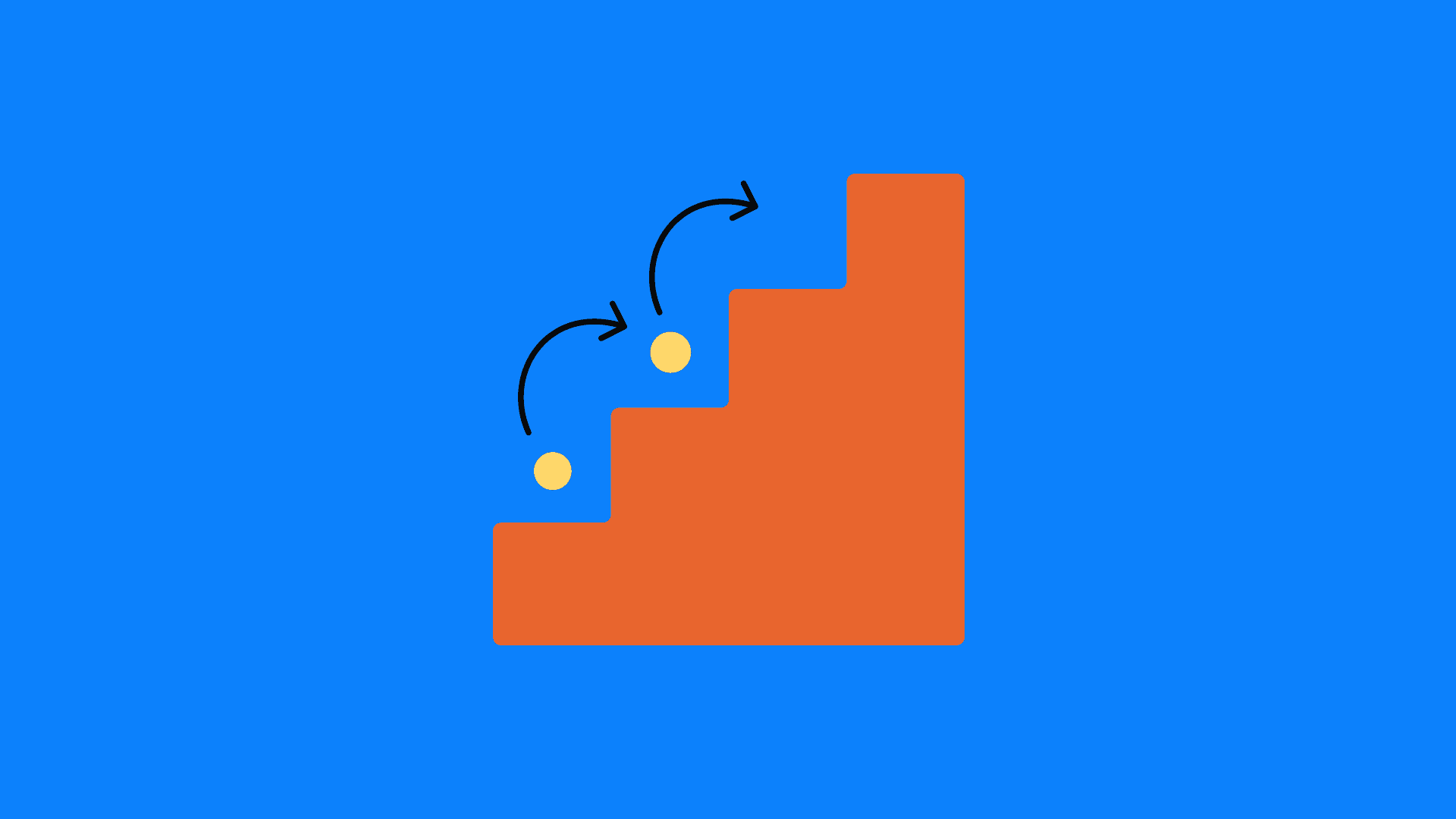 Yellow balls and arrows illustrate movement down orange stairs on a blue background, suggesting a staircase descent.