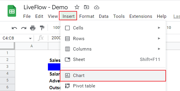 Insert a pie chart from the menu bar