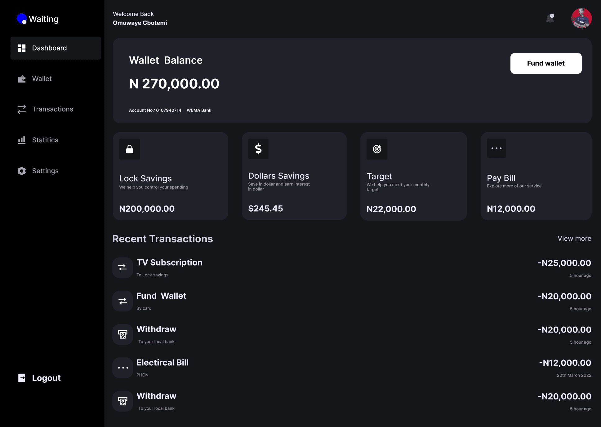 Dark-mode finance dashboard showing wallet balance, savings, recent transactions, and navigation menu