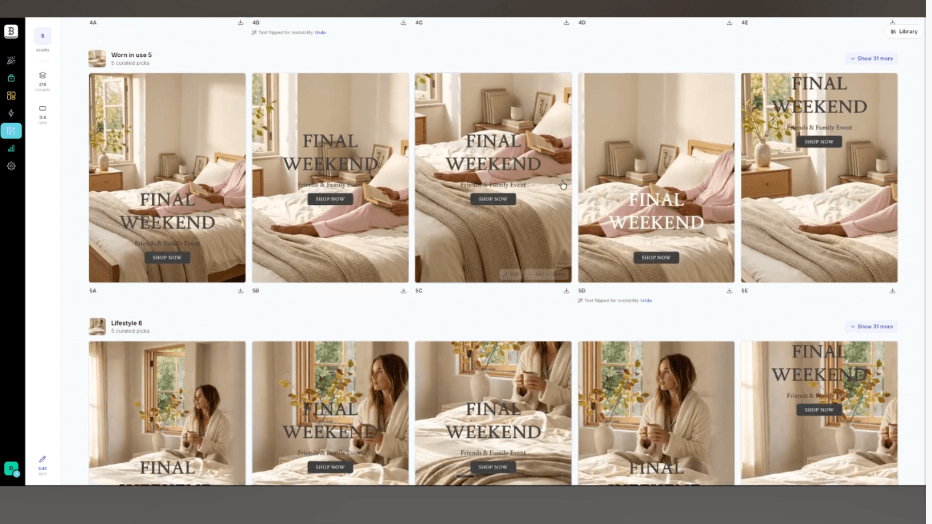 Hero Lab interface showing curated "Worn in use" and "Lifestyle" creative families, each with five hero image variants of a bedroom lifestyle scene overlaid with "Final Weekend" campaign text.
