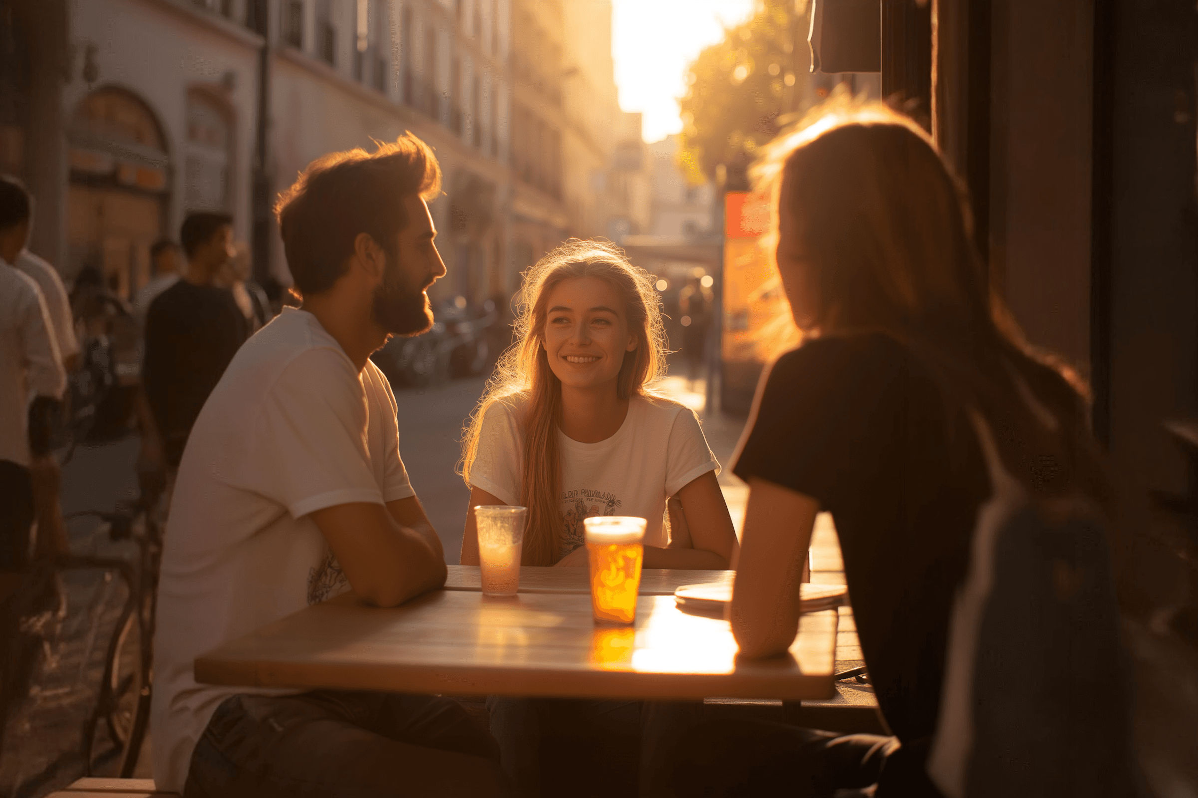 people talking outdoor cafe urban