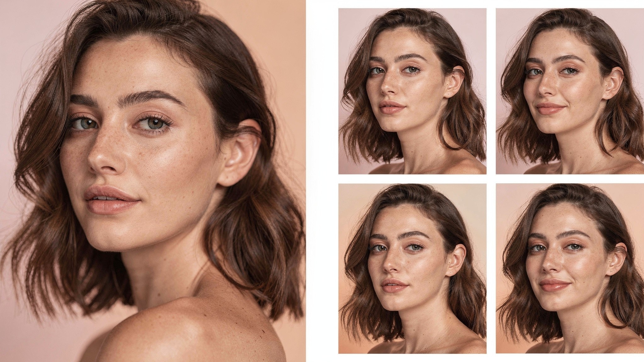Side-by-side comparison: a real photo of a woman next to four AI-generated versions with subtle face drift between them