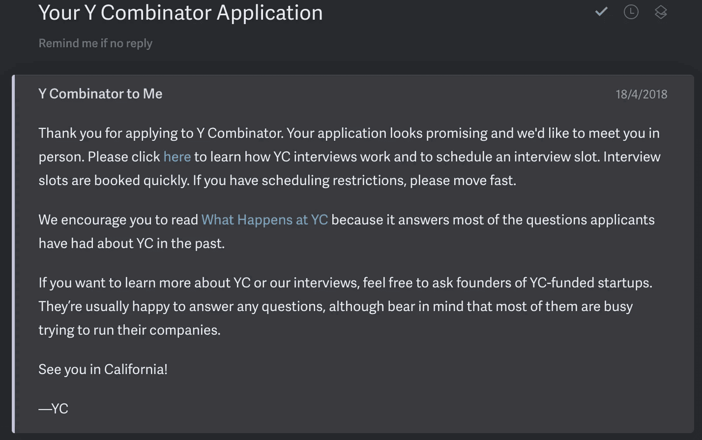 Screenshot of email from Y Combinator