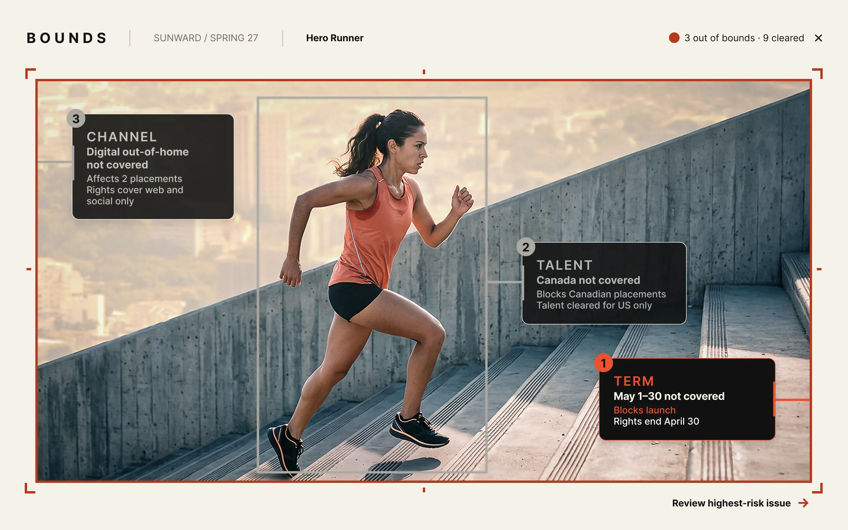 Runner image with issues ranked by risk; only the term issue is highlighted.