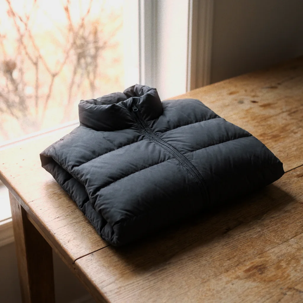 Folded black puffer jacket displayed on a wooden table beside a sunlit window.