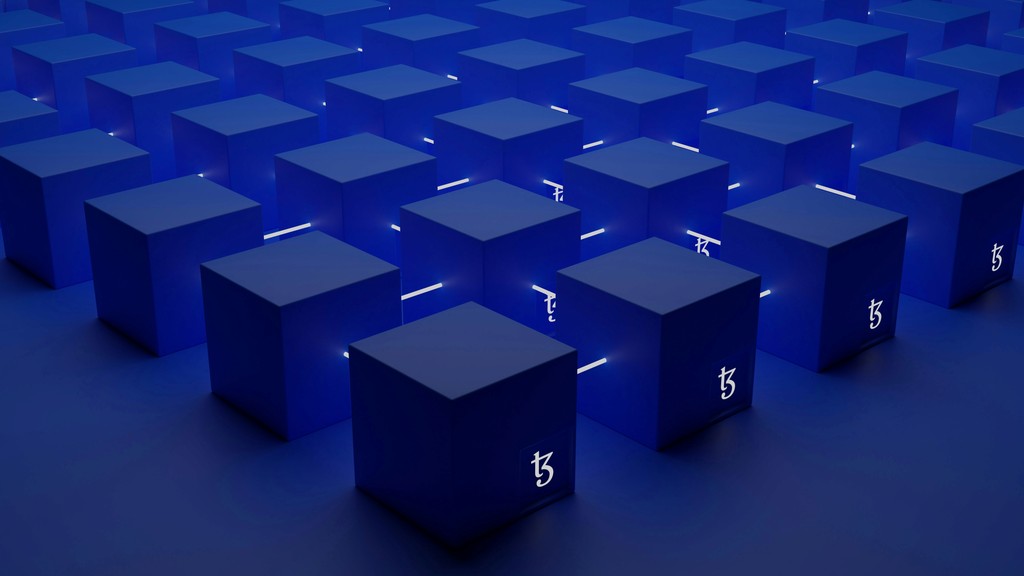 A grid of illuminated blue cubes featuring the Tezos blockchain logo, symbolizing digital technology and blockchain innovation.