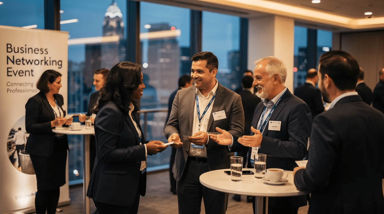 Das Bild zeigt ein professionelles Networking-Event, bei dem Geschäftsleute intensiv in Gespräche vertieft sind. Die Atmosphäre ist geprägt von Austausch über Marketingstrategien, Leads und die Optimierung der B2B-Akquise-Pipeline.