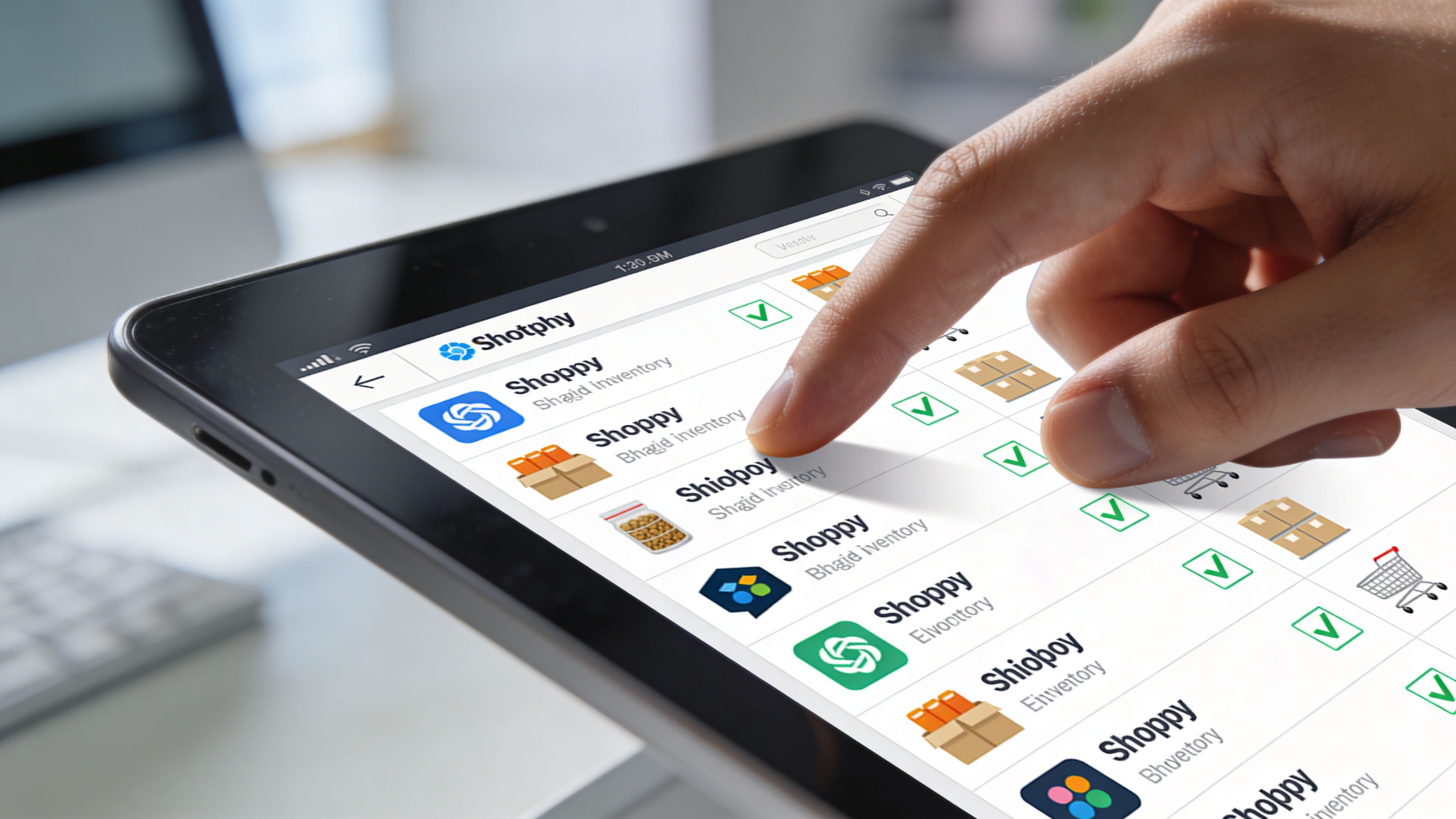 A close-up view of a person using a tablet to navigate a mobile application inventory list.