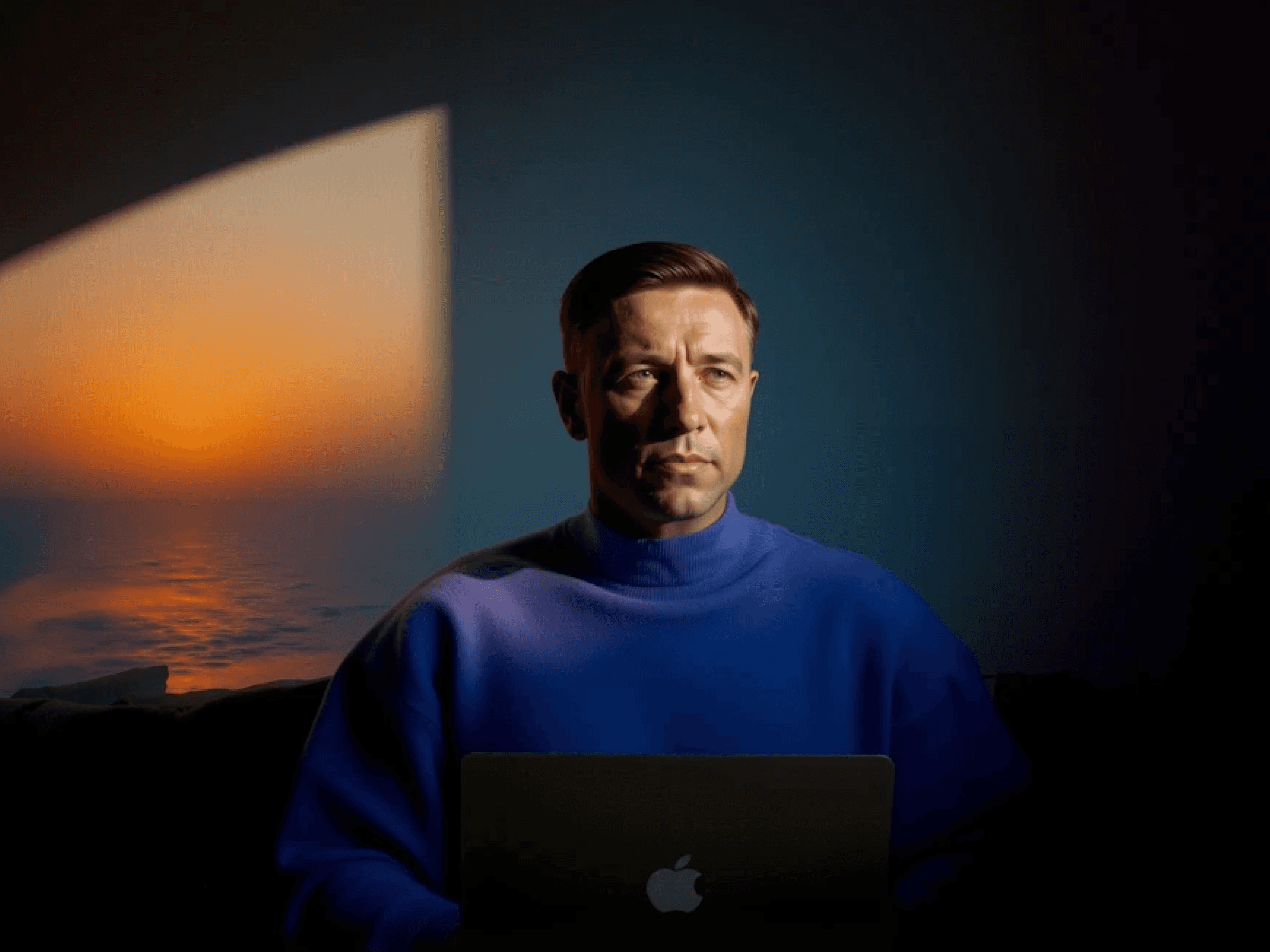 A person sits in front of a laptop, illuminated by a sunset casting light through a curved window.