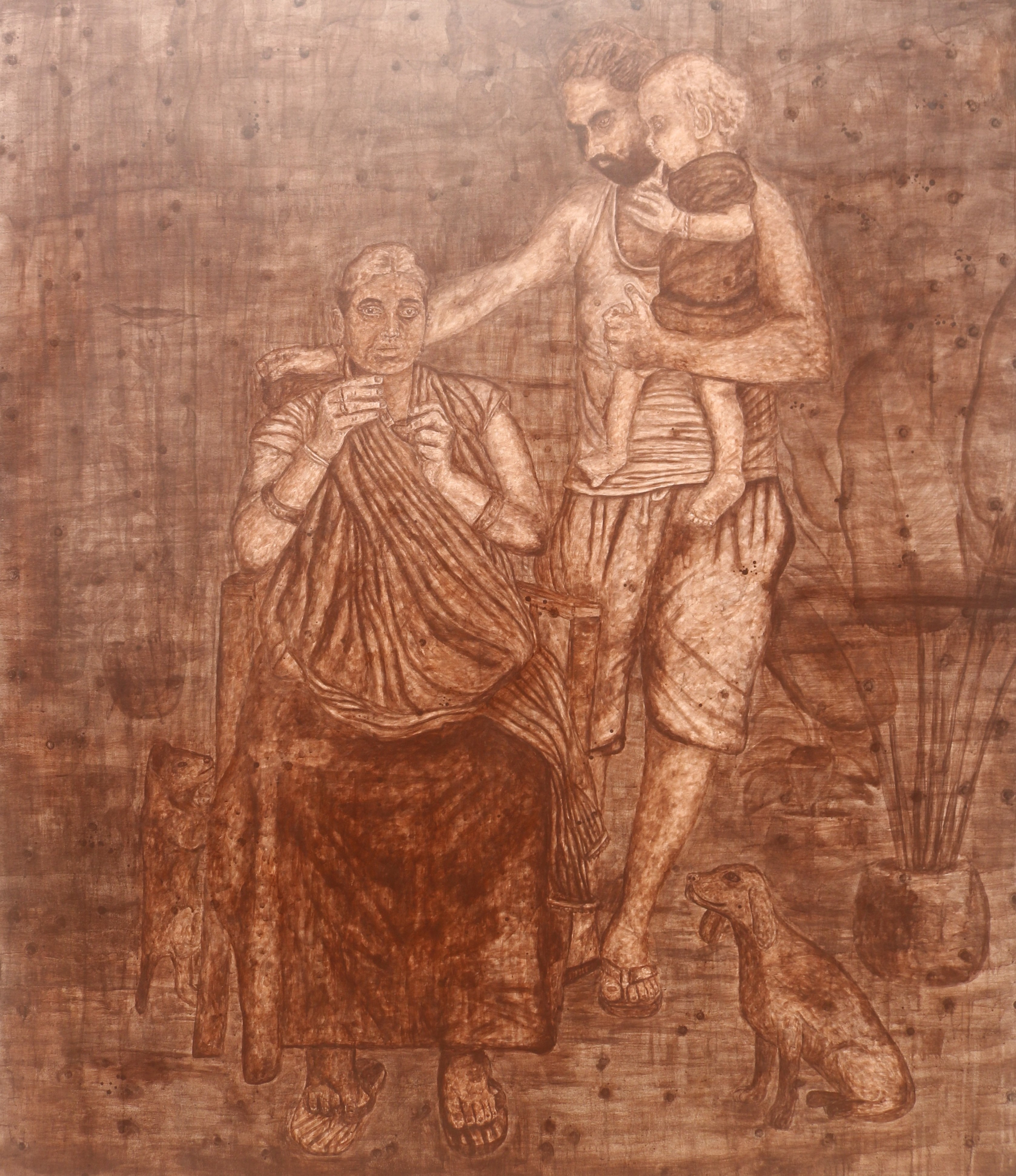 herd of sheep on road painting