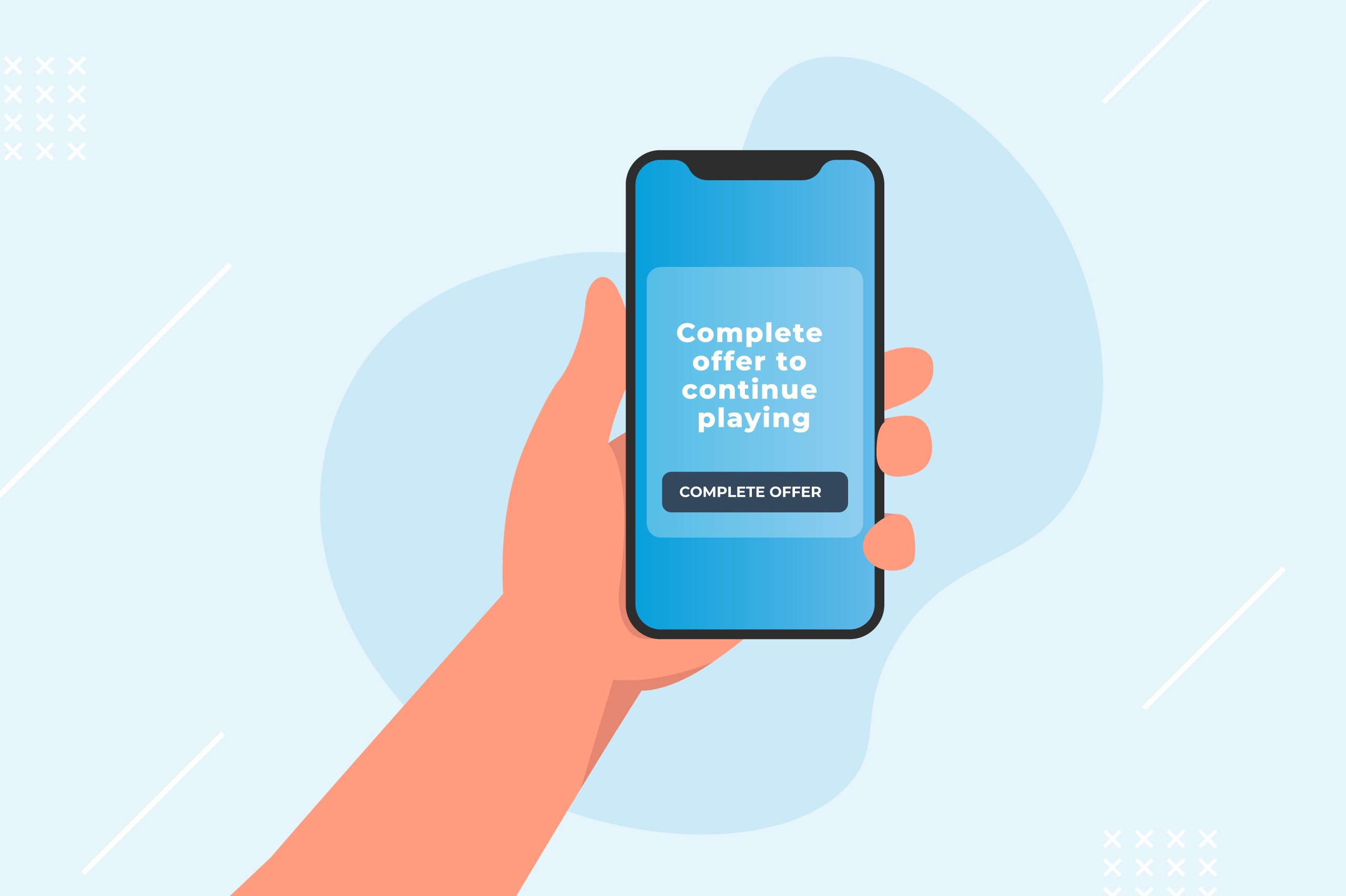 Illustration of a hand holding a smartphone with a "Complete offer to continue playing" prompt on a light blue background.