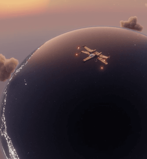 Small biplane flies above a dark curved planet under a peach-colored sky.