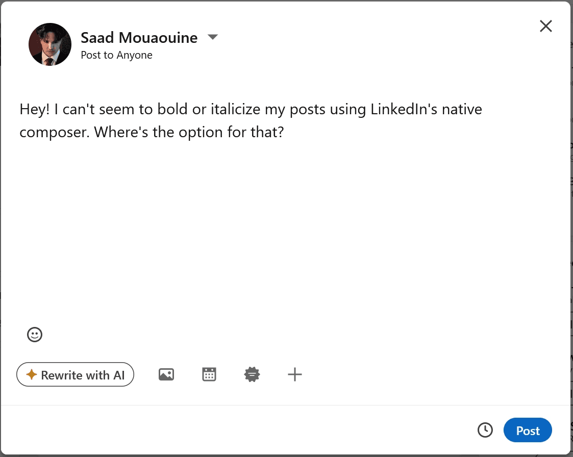 A screenshot of LinkedIn's native post composer