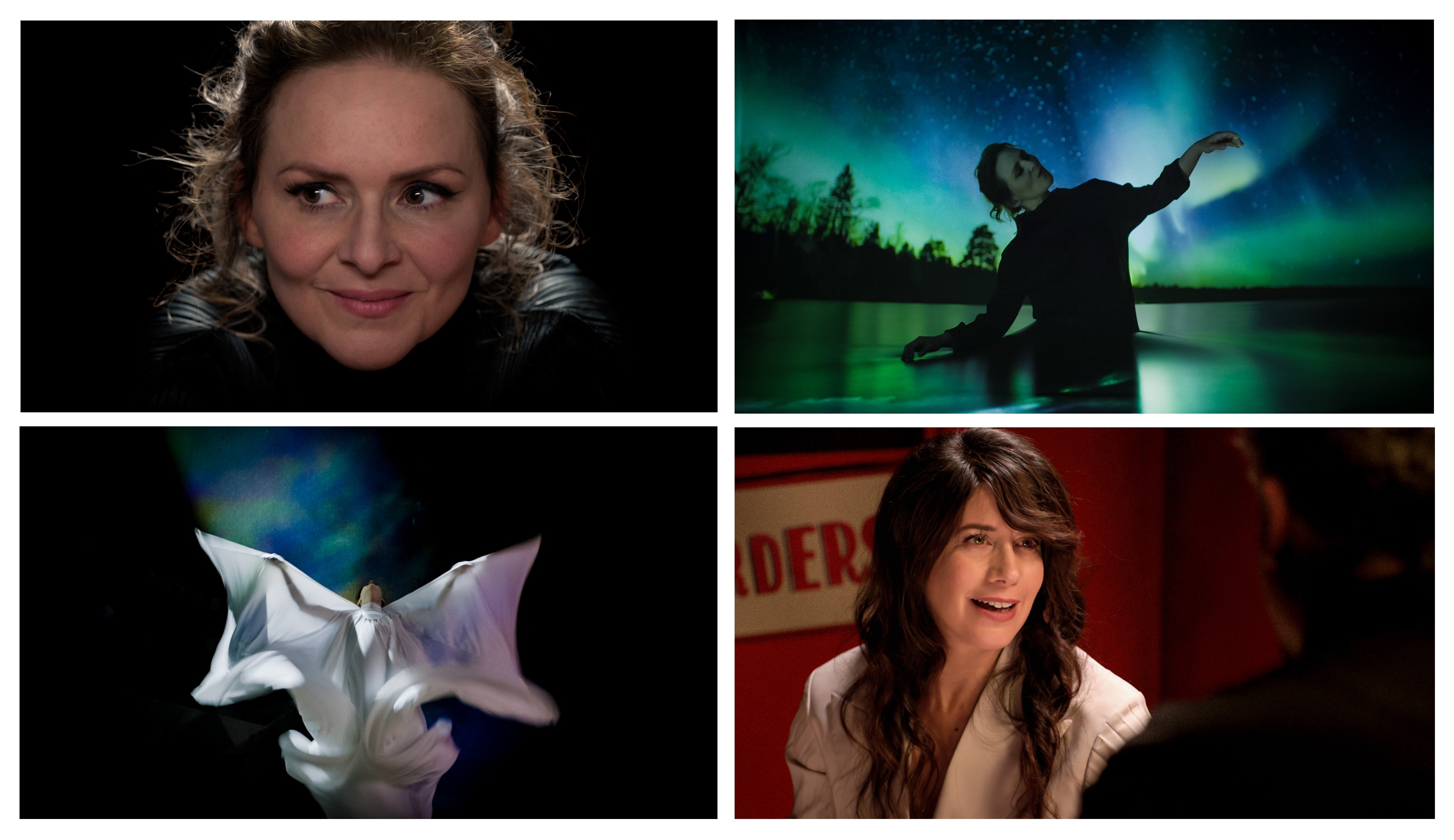 A four-panel collage of Emiliana Torrini: a close-up portrait, a performance shot silhouetted against the northern lights over a lake, a dancer in flowing white fabric lit with aurora colors, and Emiliana speaking on stage in a light-colored blazer.