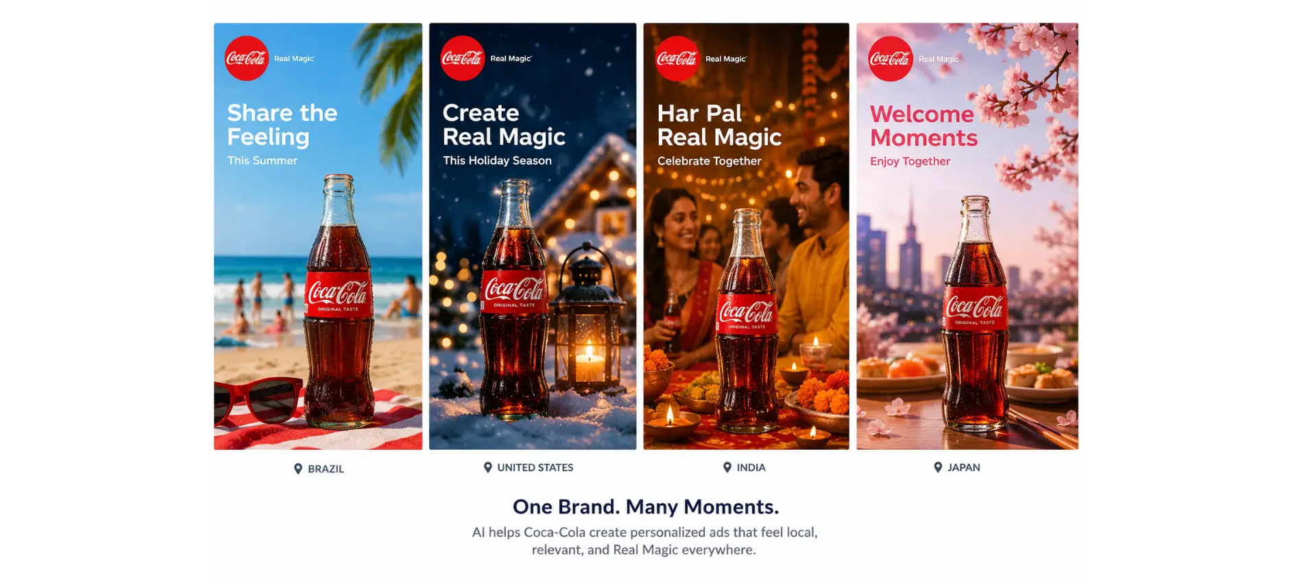 Coca-Cola ads customized for different regions while maintaining a consistent global brand identity.