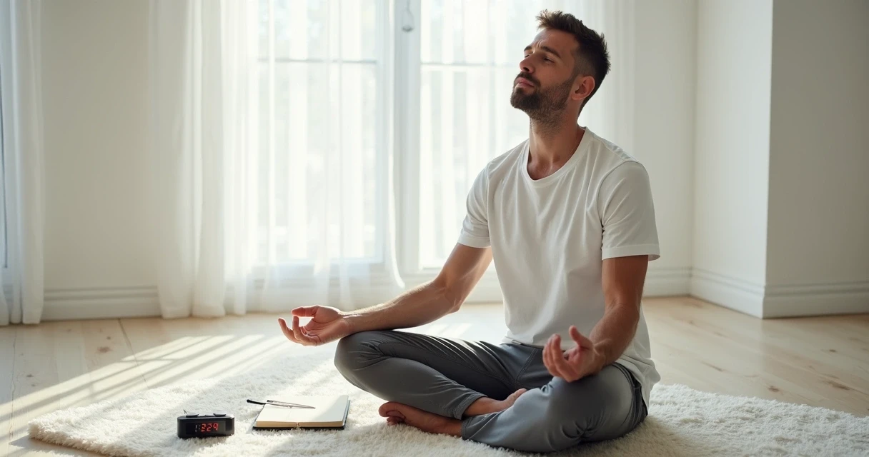 Homem realizando exercício de relaxamento sentado, com um caderno de anotações e timer portátil ao lado. 