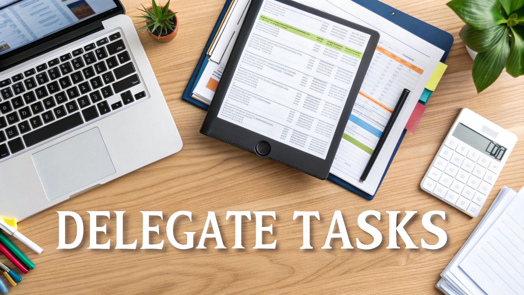 Overhead view of a business desk with a laptop, tablet, calculator, and papers, featuring 'DELEGATE TASKS'.